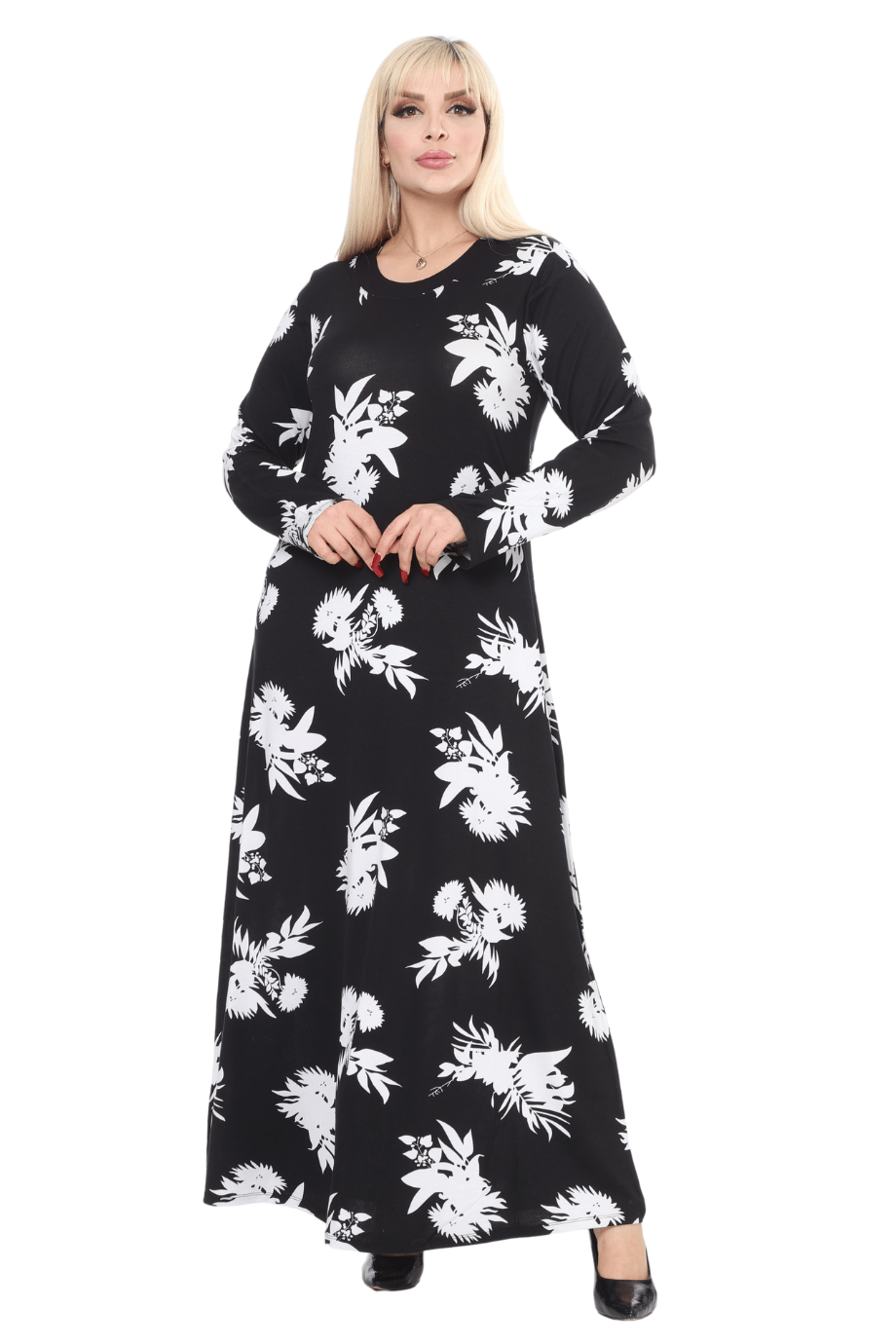 Melsay Butik Siyah Beyaz Yaprak Desen Uzun Kollu Kadın Tesettür Elbise