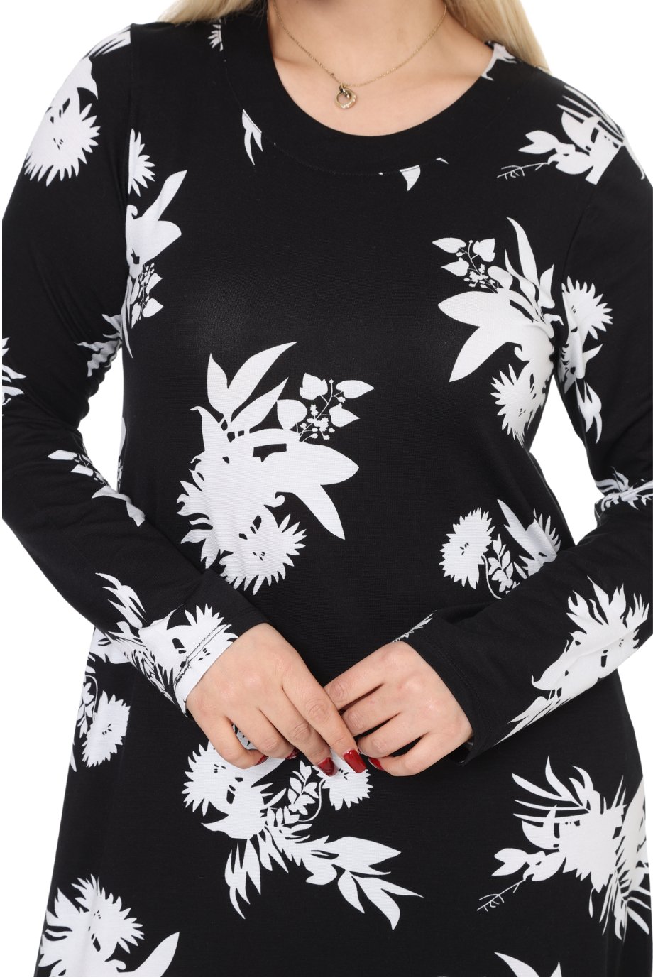 Melsay Butik Siyah Beyaz Yaprak Desen Uzun Kollu Kadın Tesettür Elbise