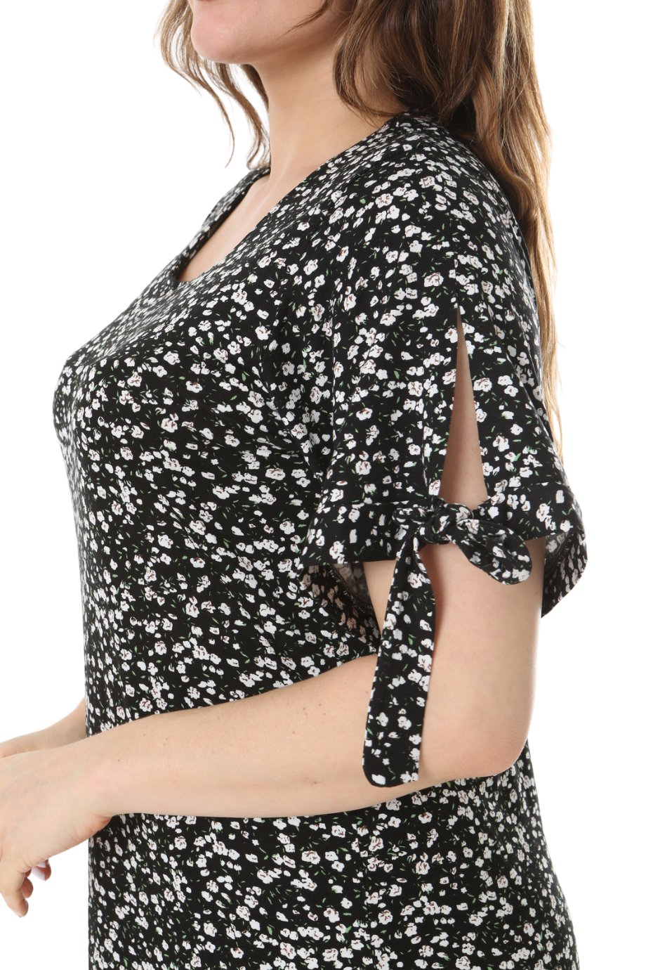 Melsay Butik Siyah Çıtır Desen Kolları Bağlamalı Kısa Kollu Kadın Midi Elbise