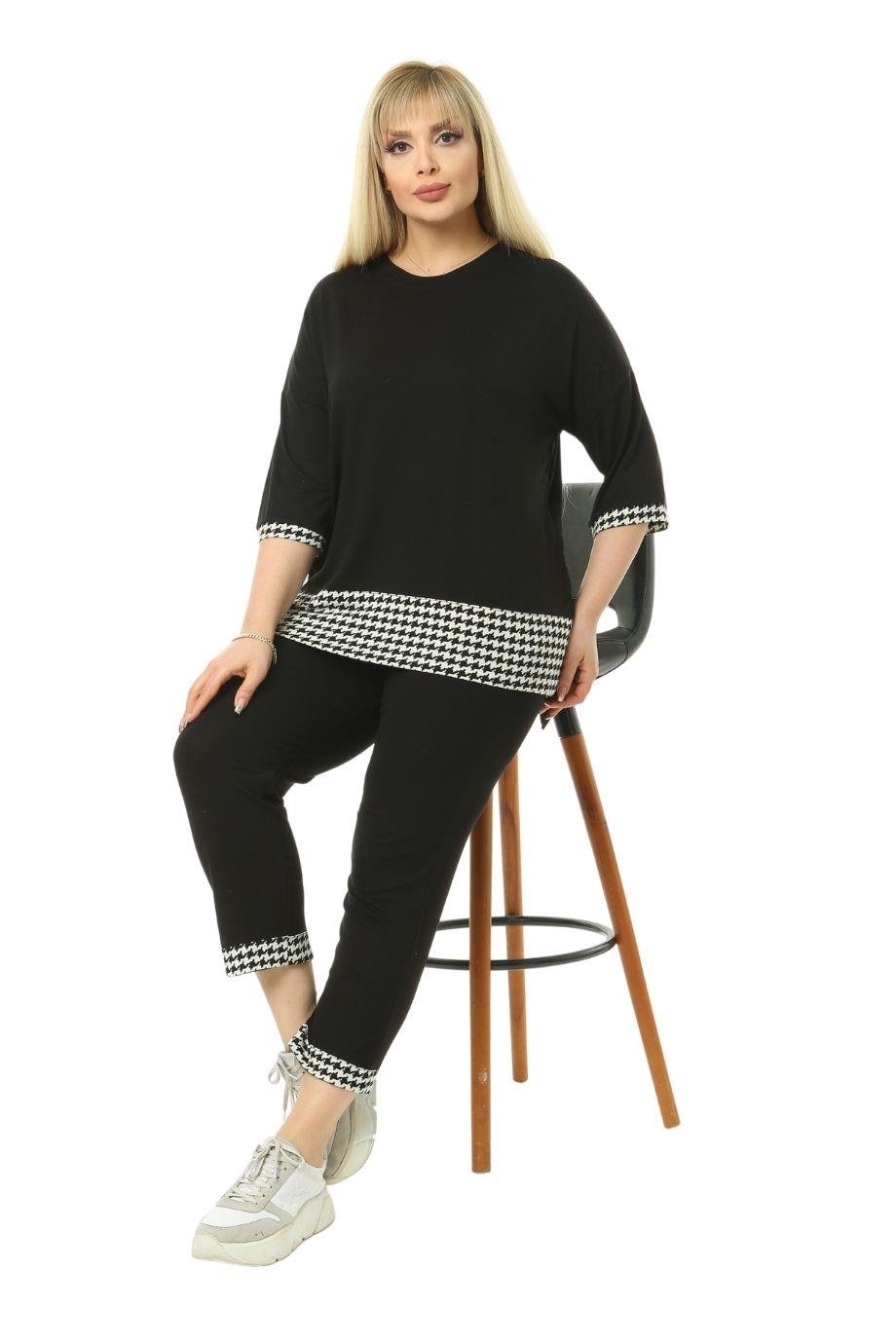 Melsay Butik Siyah Kazayağı Şeritli Büyük Beden Kadın Kapri Takımı