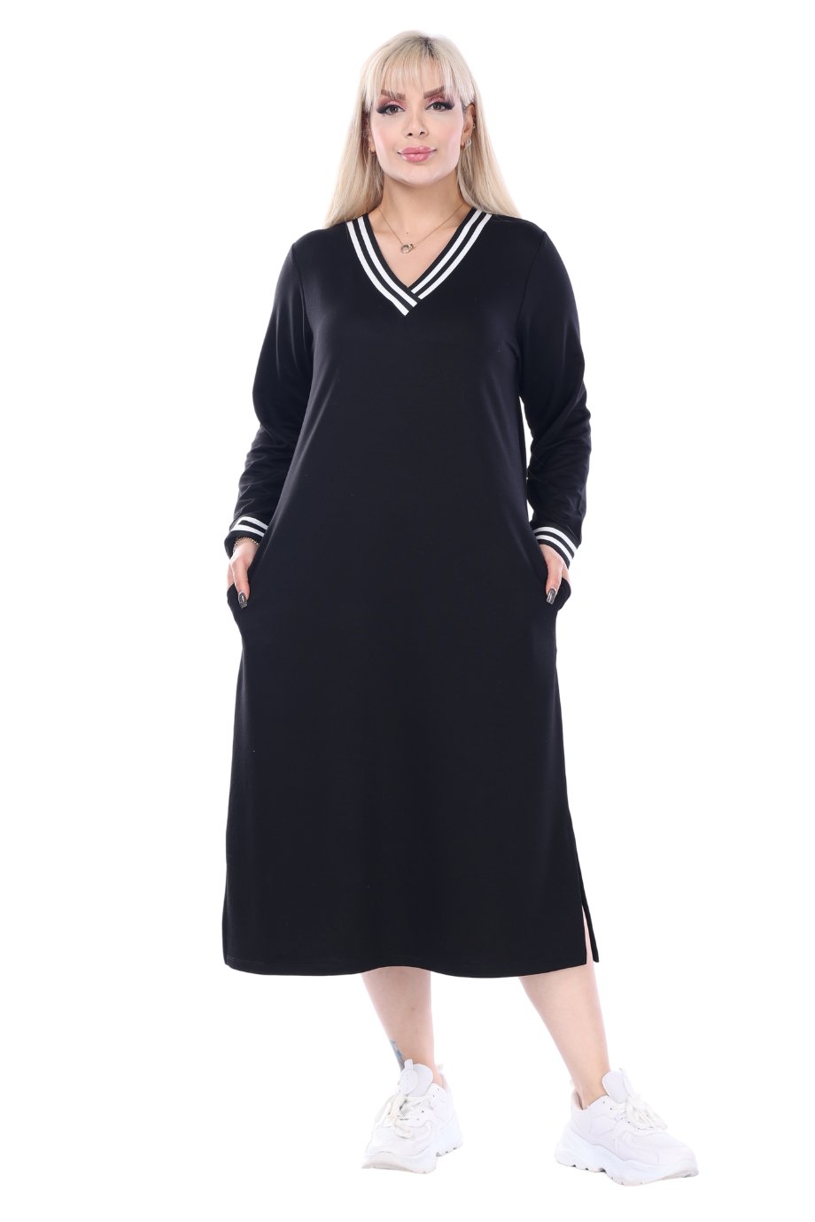 Melsay Butik Siyah Yakası Şeritli V Yaka Sweat Büyük Beden Elbise