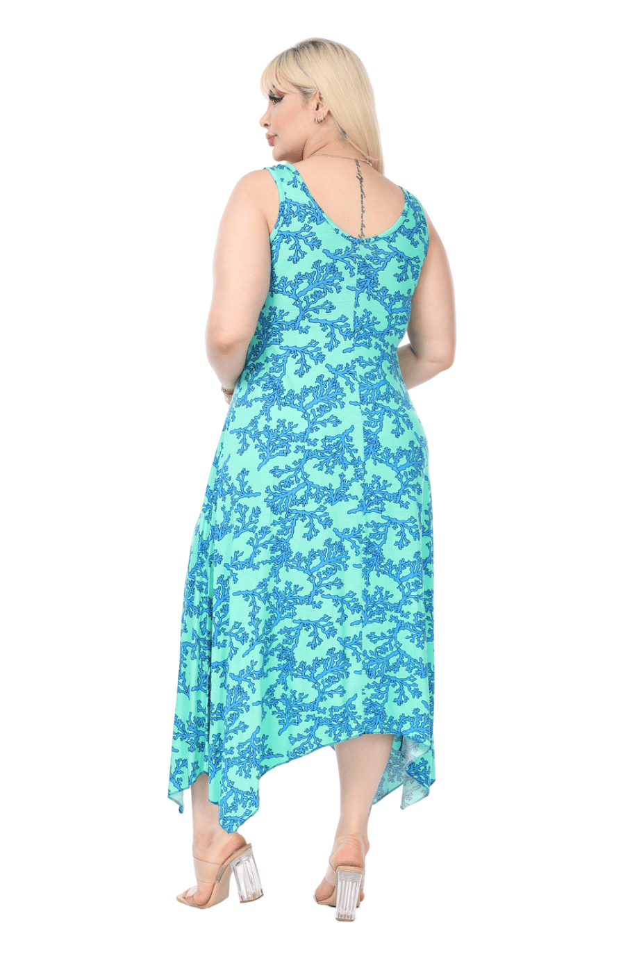 Melsay Butik Turkuaz Mercan Desen Askılı V Yaka Elbise