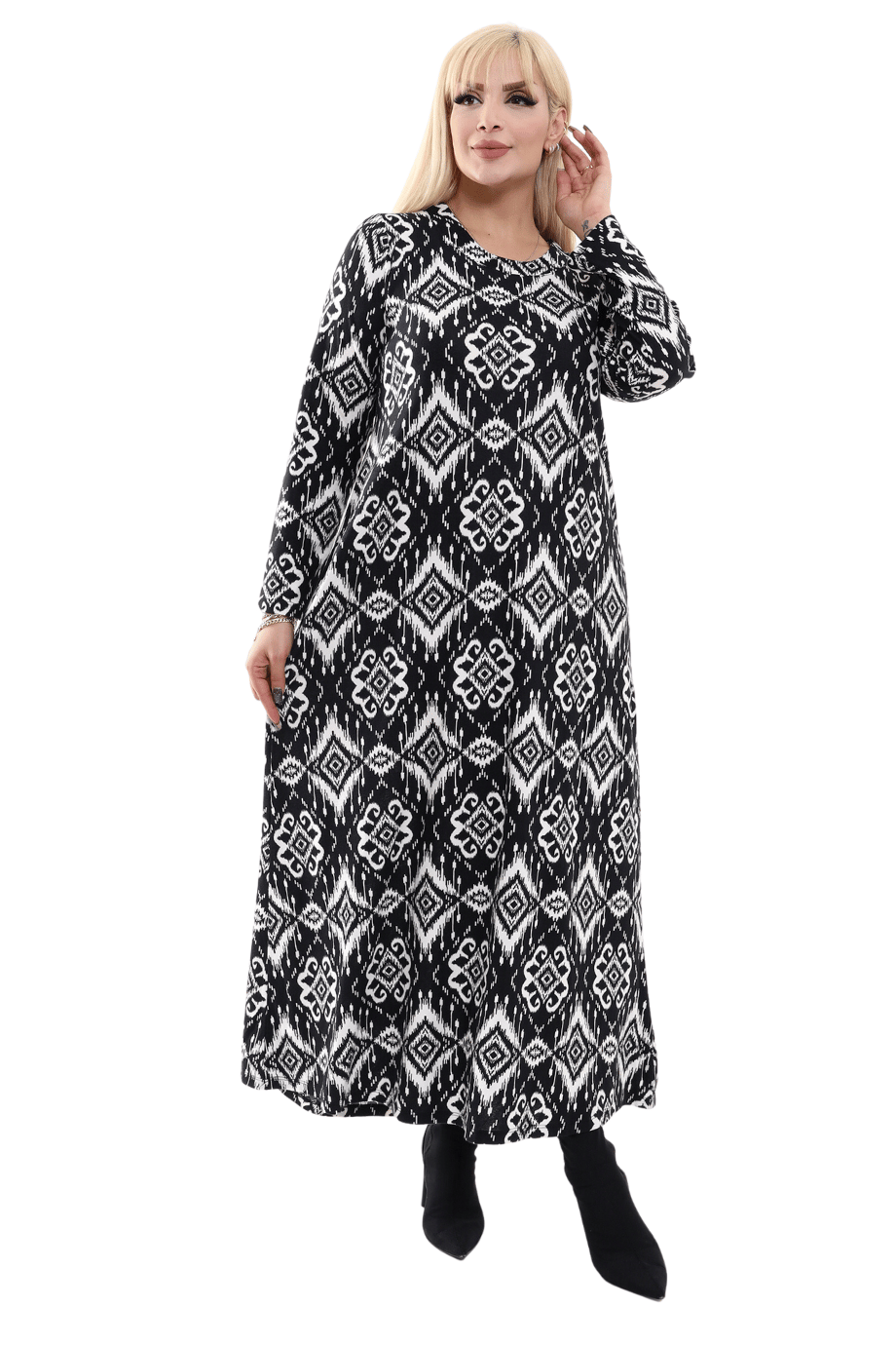 Melsay Butik Uzun Kollu Siyah Etnik Desenli Büyük Beden Tesettür Elbise