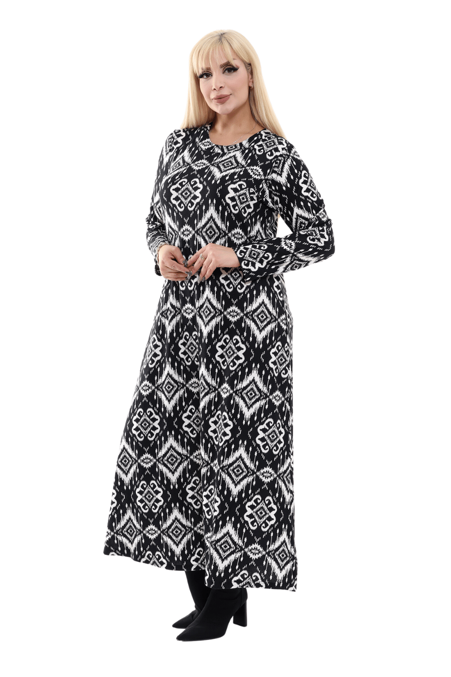 Melsay Butik Uzun Kollu Siyah Etnik Desenli Büyük Beden Tesettür Elbise