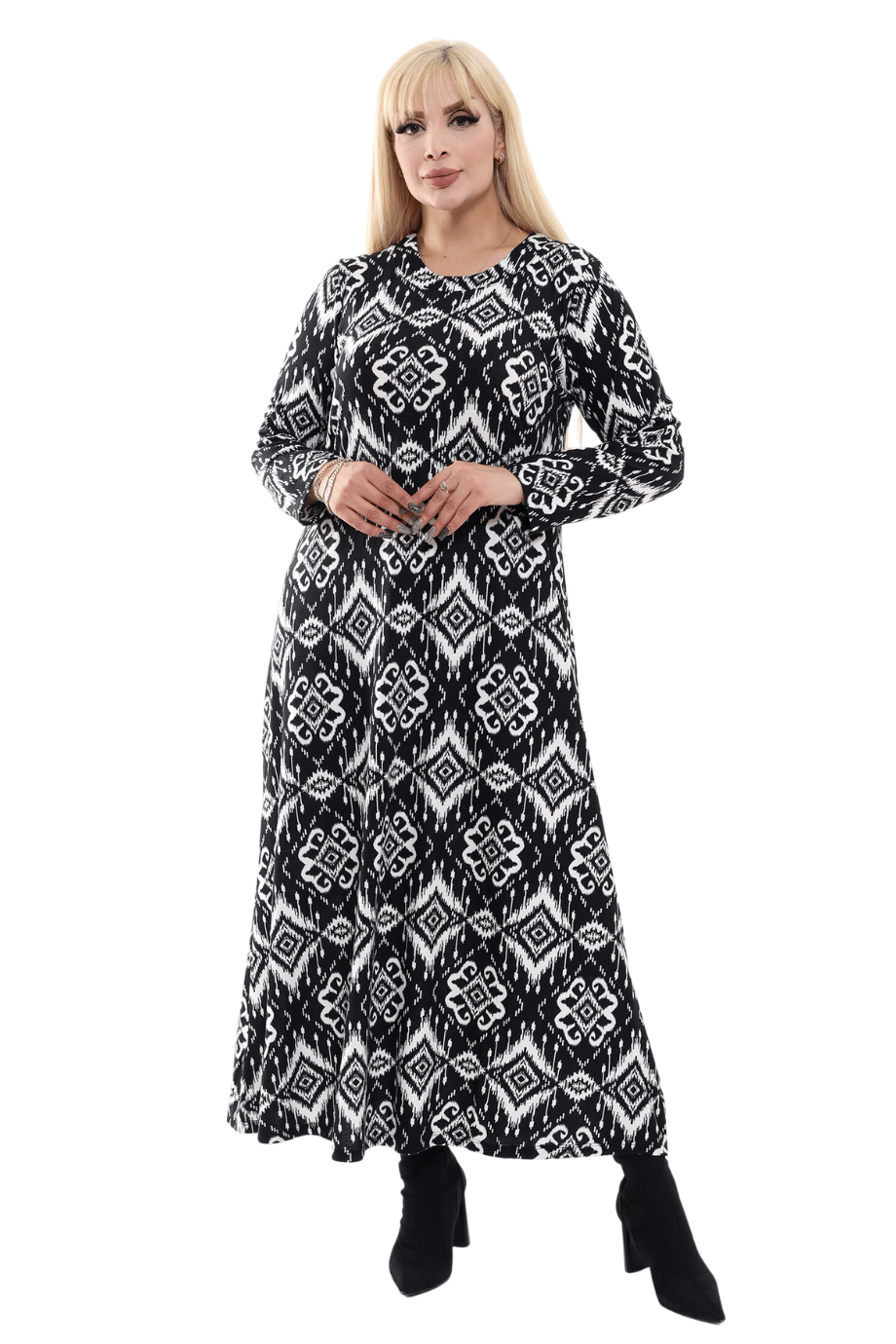 Melsay Butik Uzun Kollu Siyah Etnik Desenli Büyük Beden Tesettür Elbise
