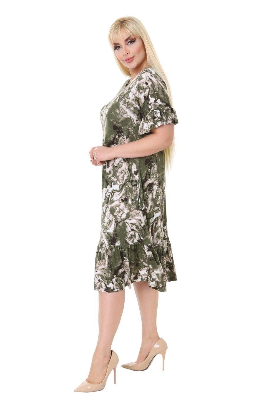Melsay Butik Yeşil Batik Desen Fırfırlı Kısa Kollu Kadın Midi Elbise