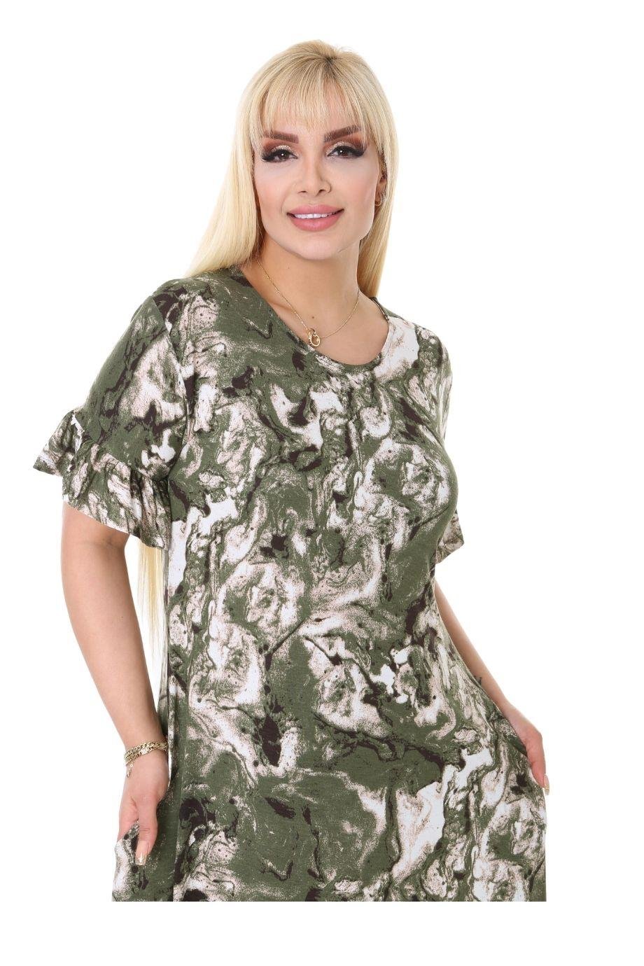 Melsay Butik Yeşil Batik Desen Fırfırlı Kısa Kollu Kadın Midi Elbise