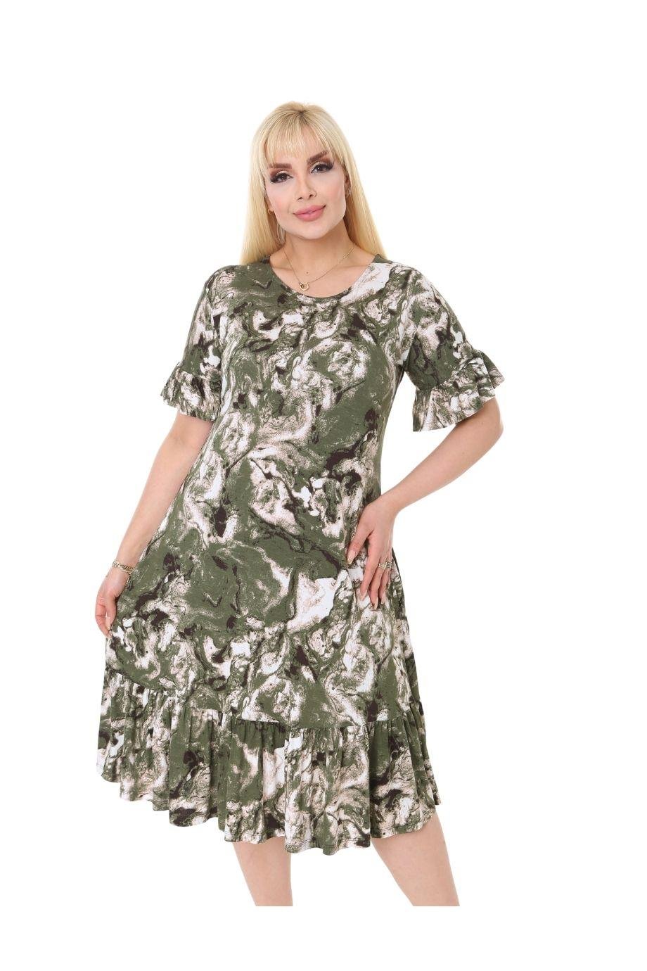 Melsay Butik Yeşil Batik Desen Fırfırlı Kısa Kollu Kadın Midi Elbise