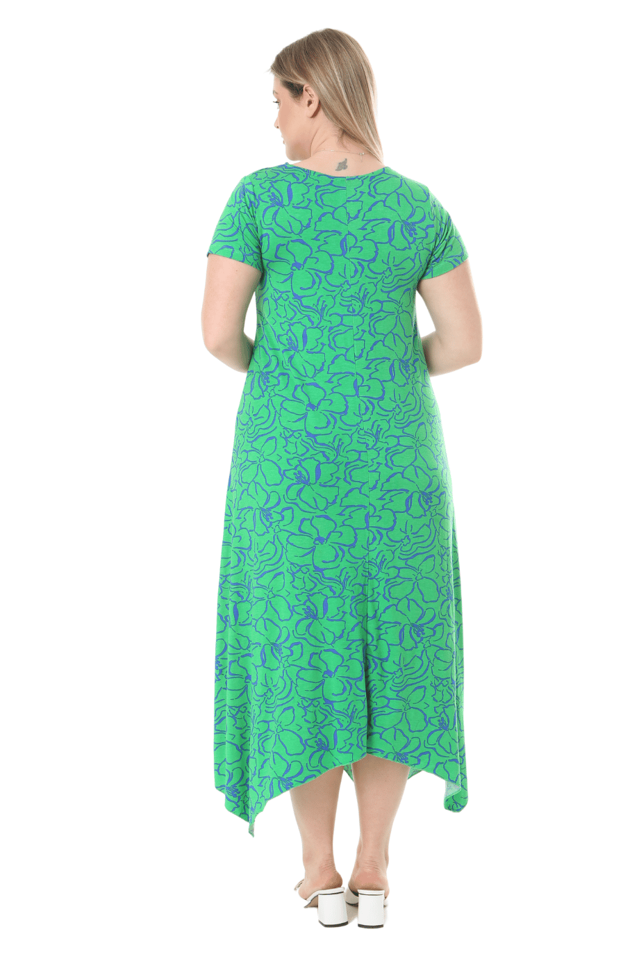 Melsay Butik Yeşil Çiçek Desen Asimetrik Kısa Kollu Elbise