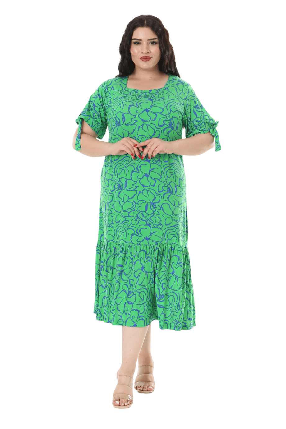 Melsay Butik Yeşil Çiçek Desen Kolları Bağlamalı Kısa Kollu Kadın Midi Elbise