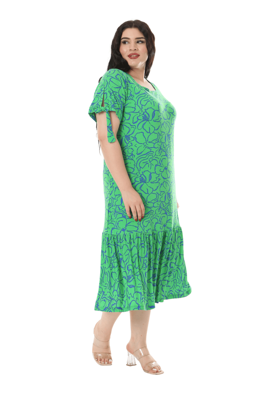 Melsay Butik Yeşil Çiçek Desen Kolları Bağlamalı Kısa Kollu Kadın Midi Elbise