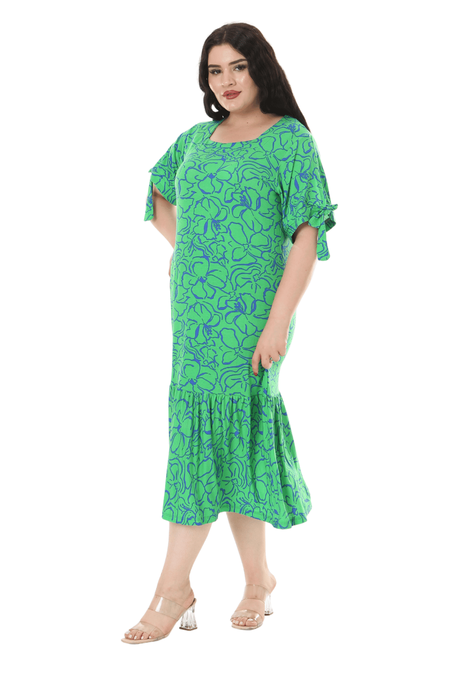 Melsay Butik Yeşil Çiçek Desen Kolları Bağlamalı Kısa Kollu Kadın Midi Elbise