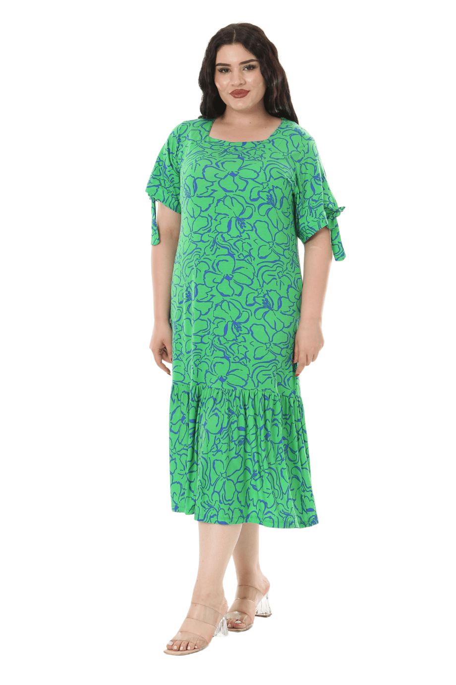 Melsay Butik Yeşil Çiçek Desen Kolları Bağlamalı Kısa Kollu Kadın Midi Elbise
