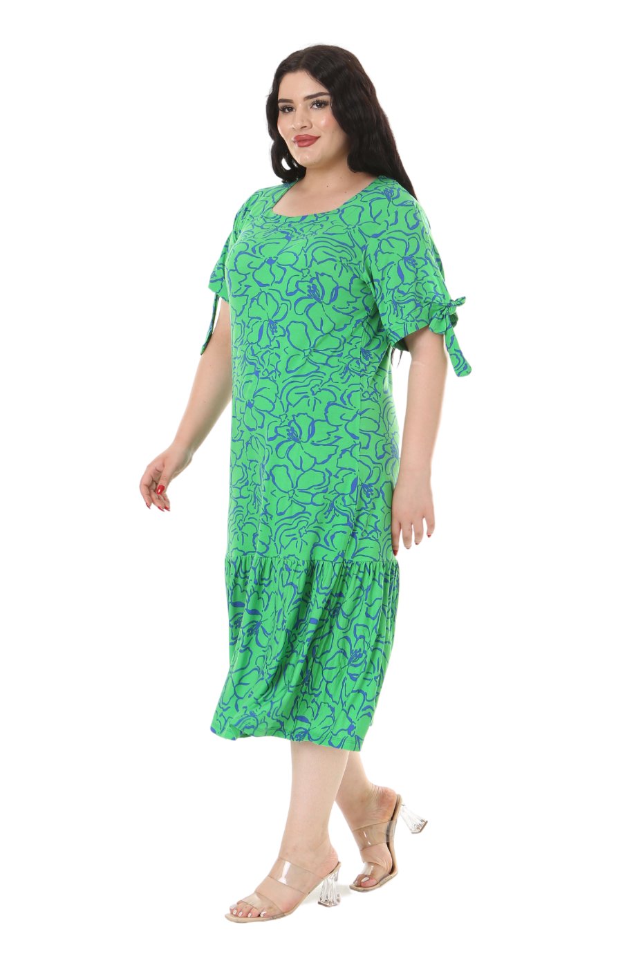 Melsay Butik Yeşil Çiçek Desen Kolları Bağlamalı Kısa Kollu Kadın Midi Elbise