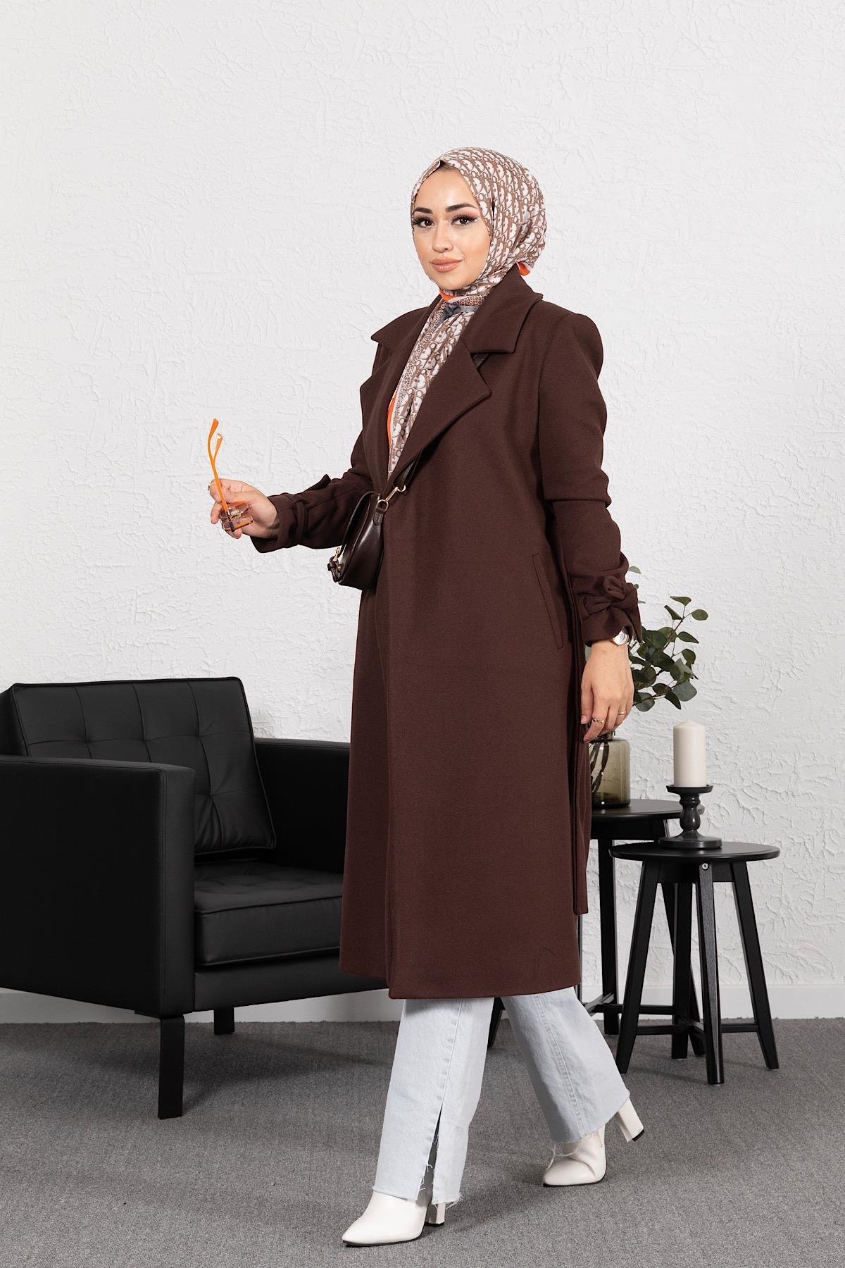 Bilek Detay Kuşaklı Uzun Kaşe Kaban Acı Kahve