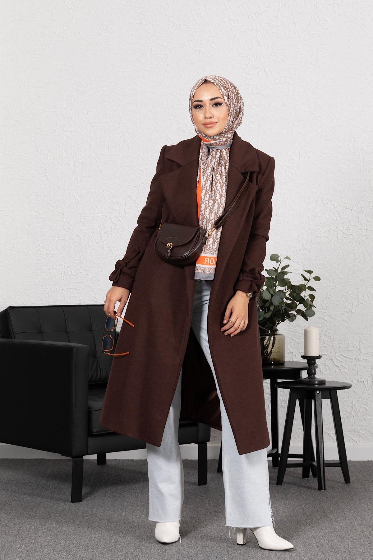 Bilek Detay Kuşaklı Uzun Kaşe Kaban Acı Kahve