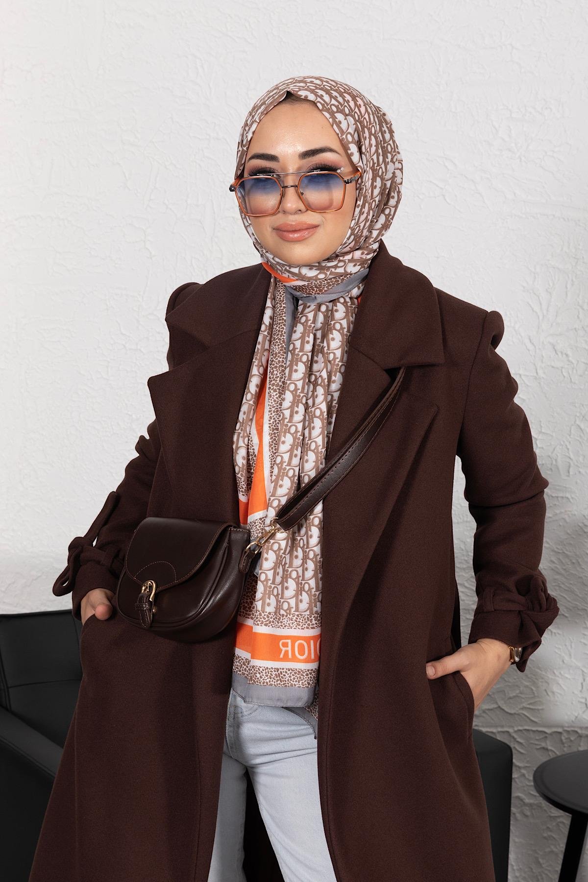 Bilek Detay Kuşaklı Uzun Kaşe Kaban Acı Kahve