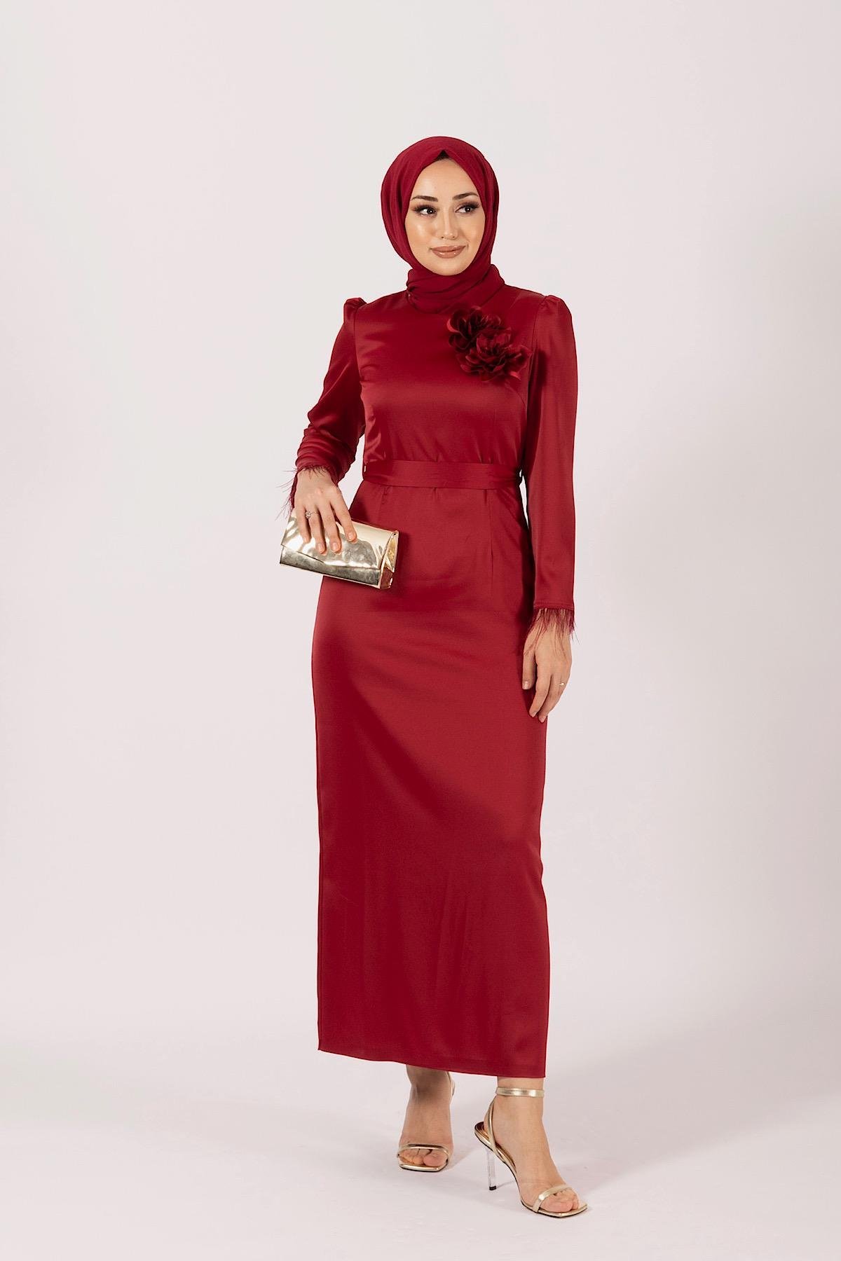 Broş Detay Saten Abiye Bordo