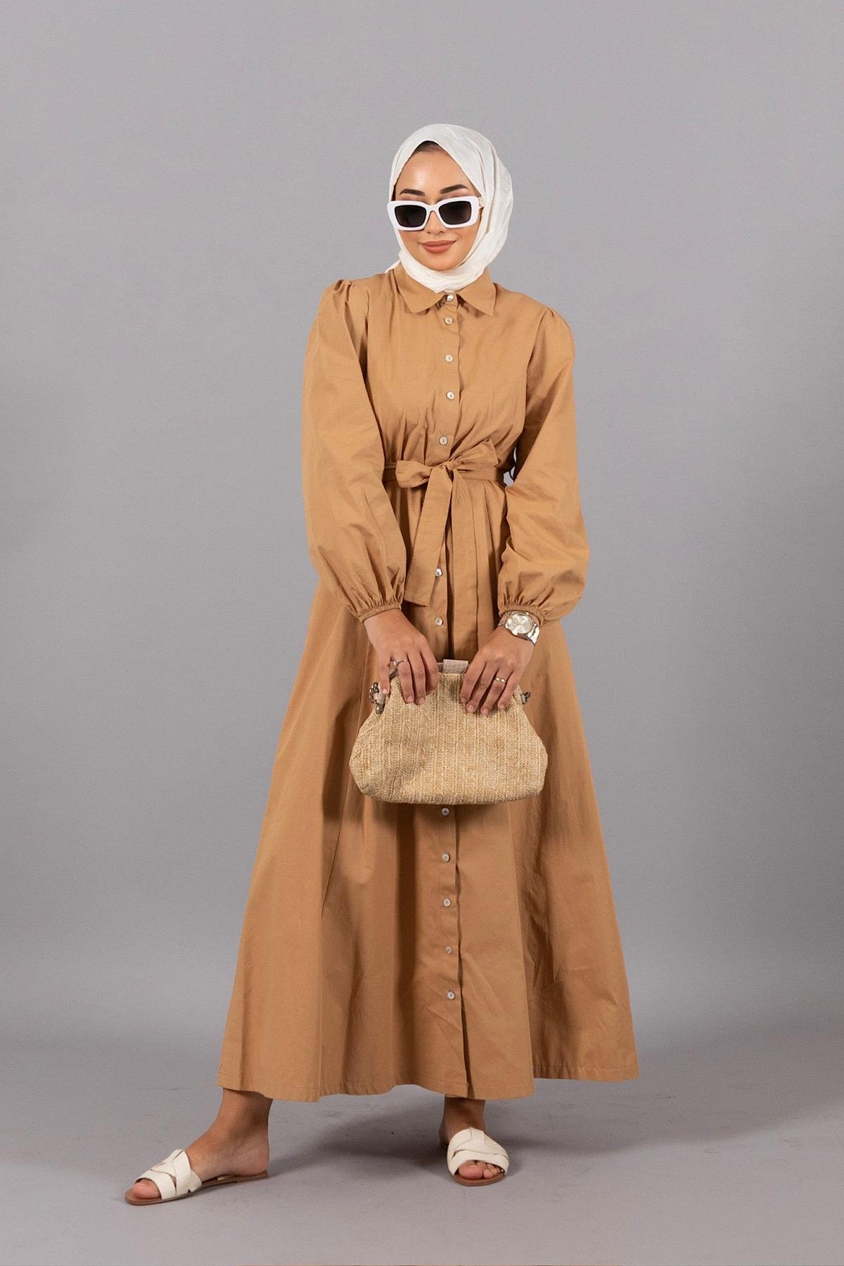 Darla Boydan Düğmeli Elbise Camel