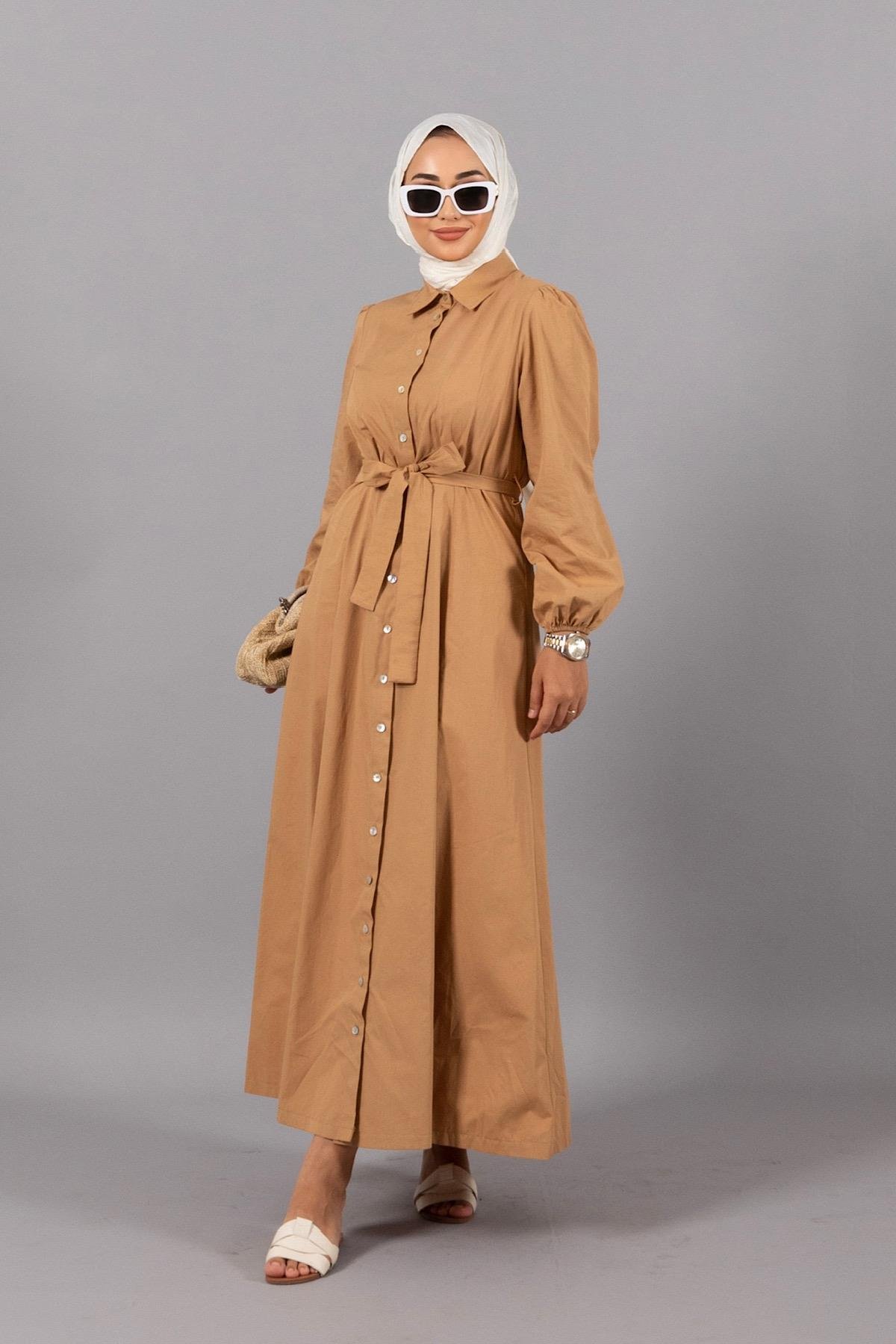 Darla Boydan Düğmeli Elbise Camel