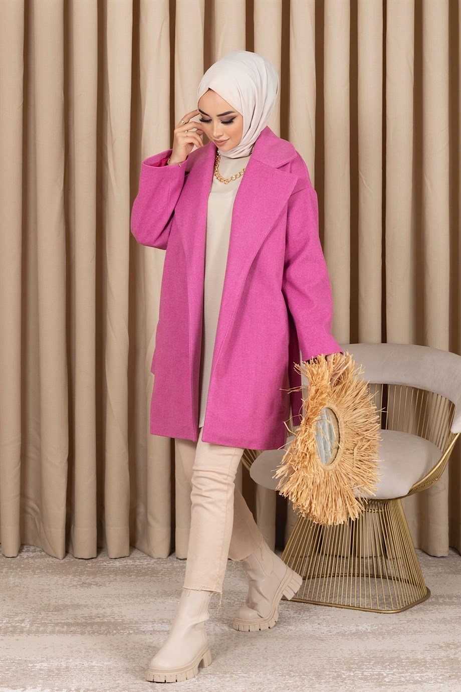 Kuşaklı Kısa Kaşe Kaban Pembe