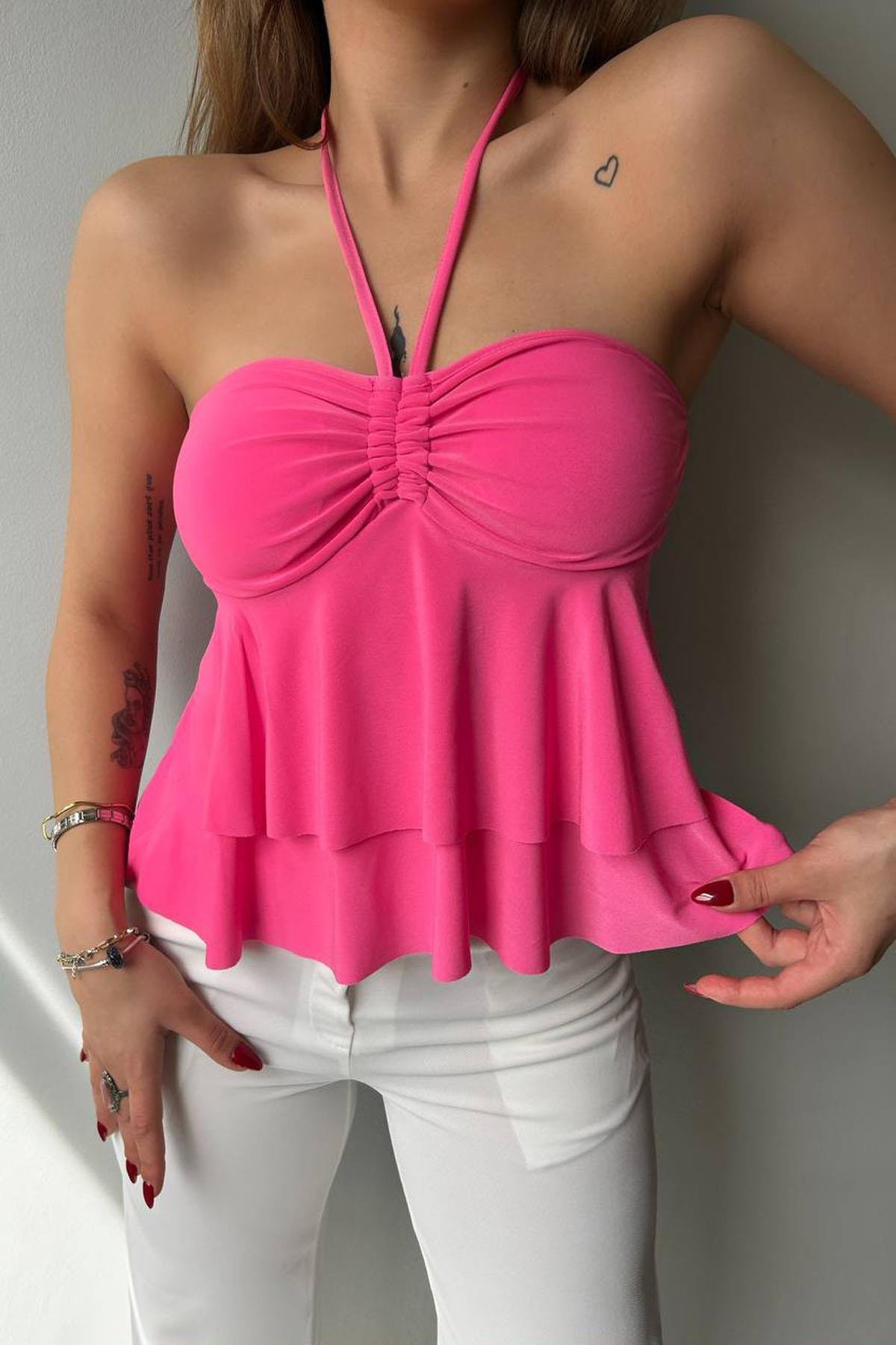 Cidde Kadın Gloplu Halter Bağcık Detay Boyundan Askılı Bluz Sandy Kumaş PEMBE