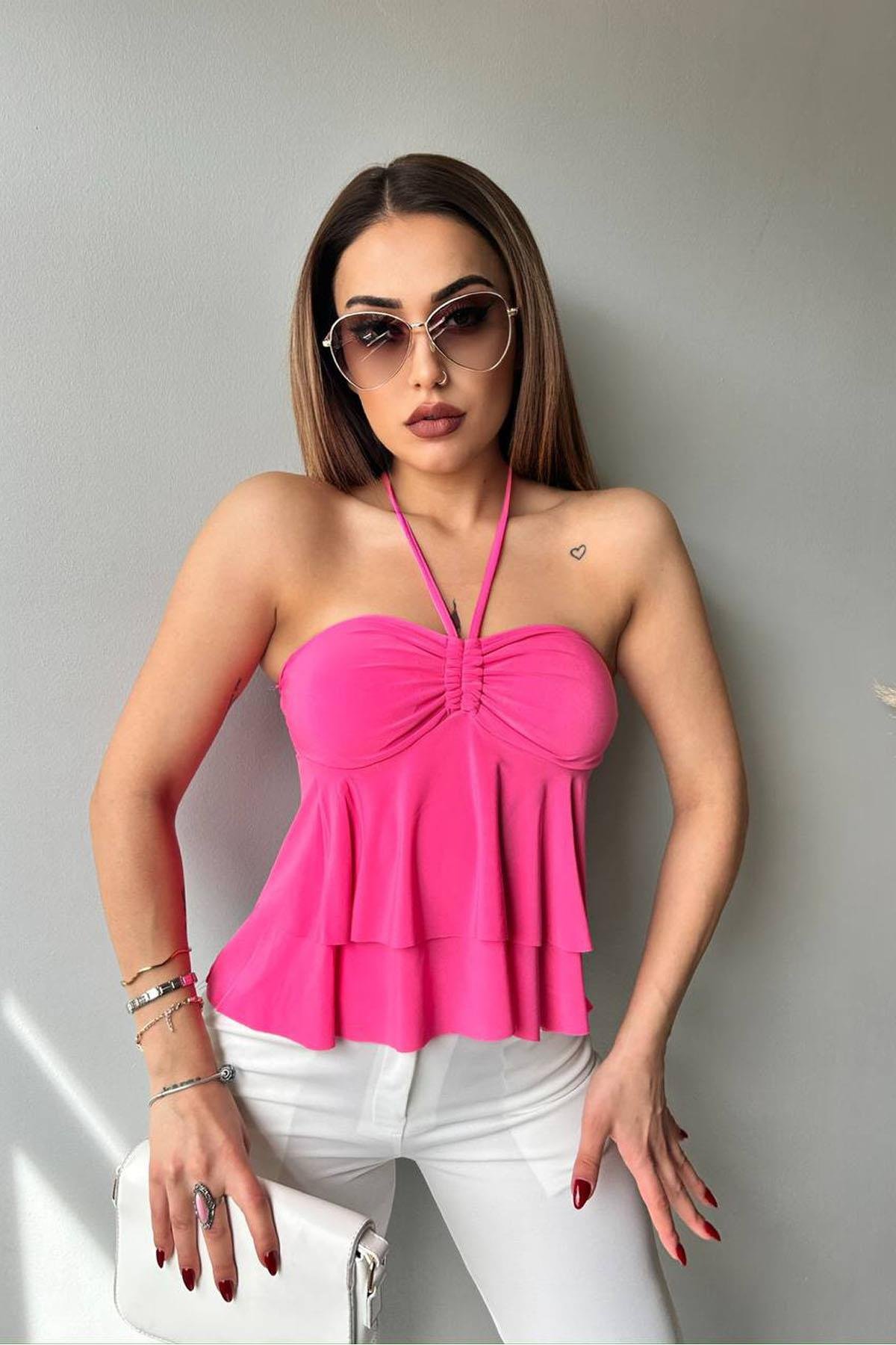 Cidde Kadın Gloplu Halter Bağcık Detay Boyundan Askılı Bluz Sandy Kumaş PEMBE