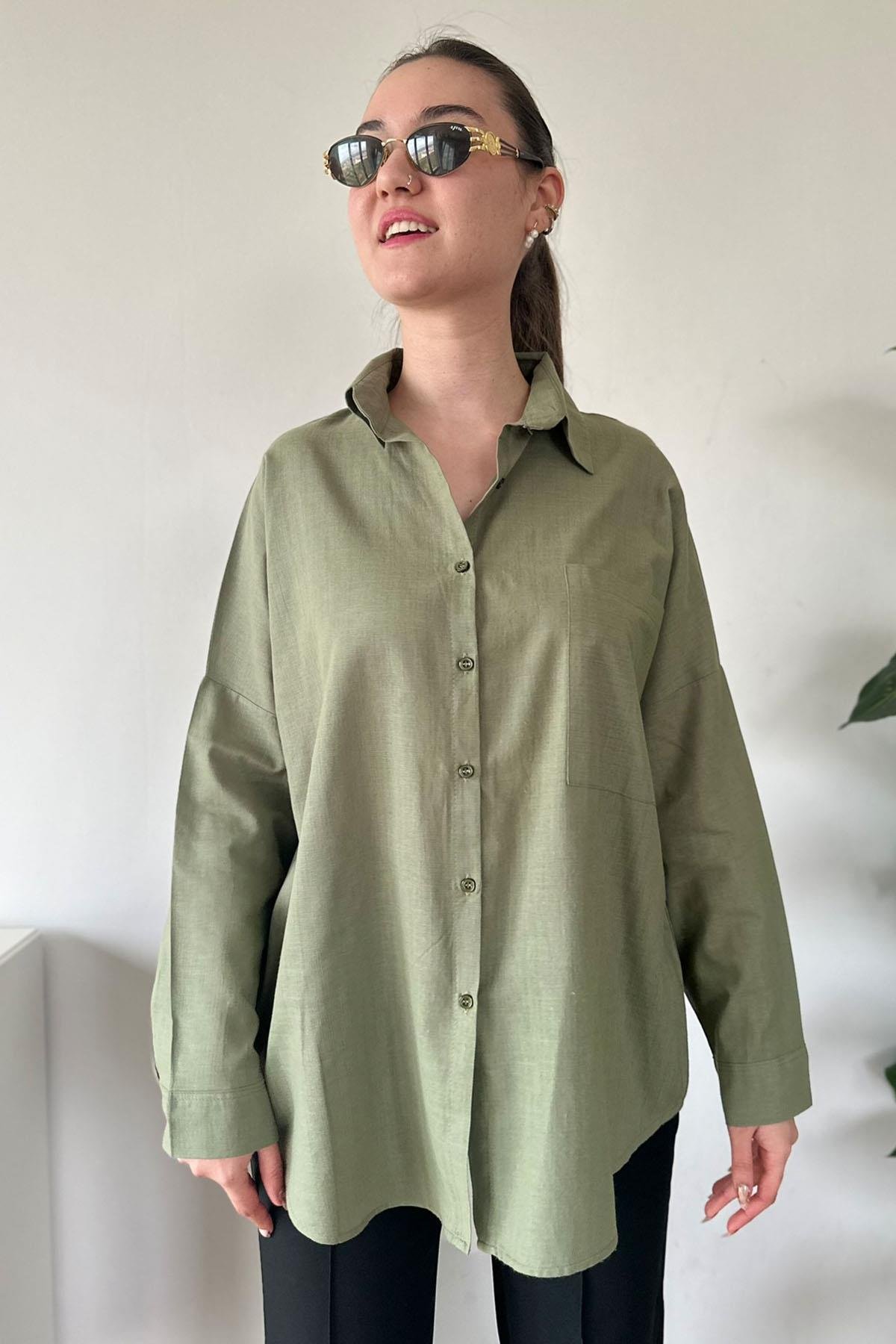 Cidde Kadın Keten Gömlek HAKI YESIL