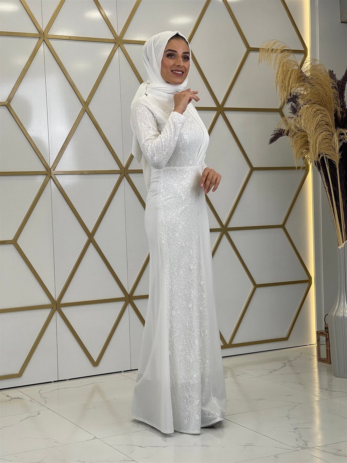 Pasture Stamp Sequined Drape's Hidden Zipper Judge Collar Hijab Evening Dress Ecru