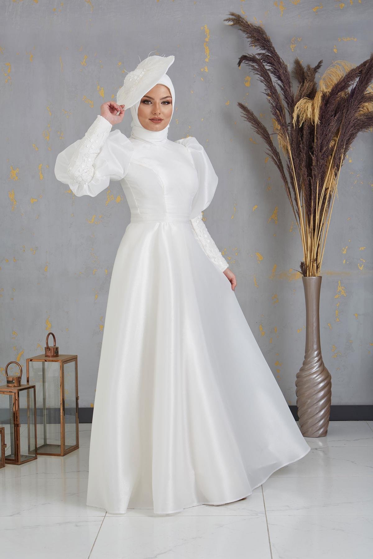Nesrin Balon Kollu Nikah Elbisesi - Beyaz