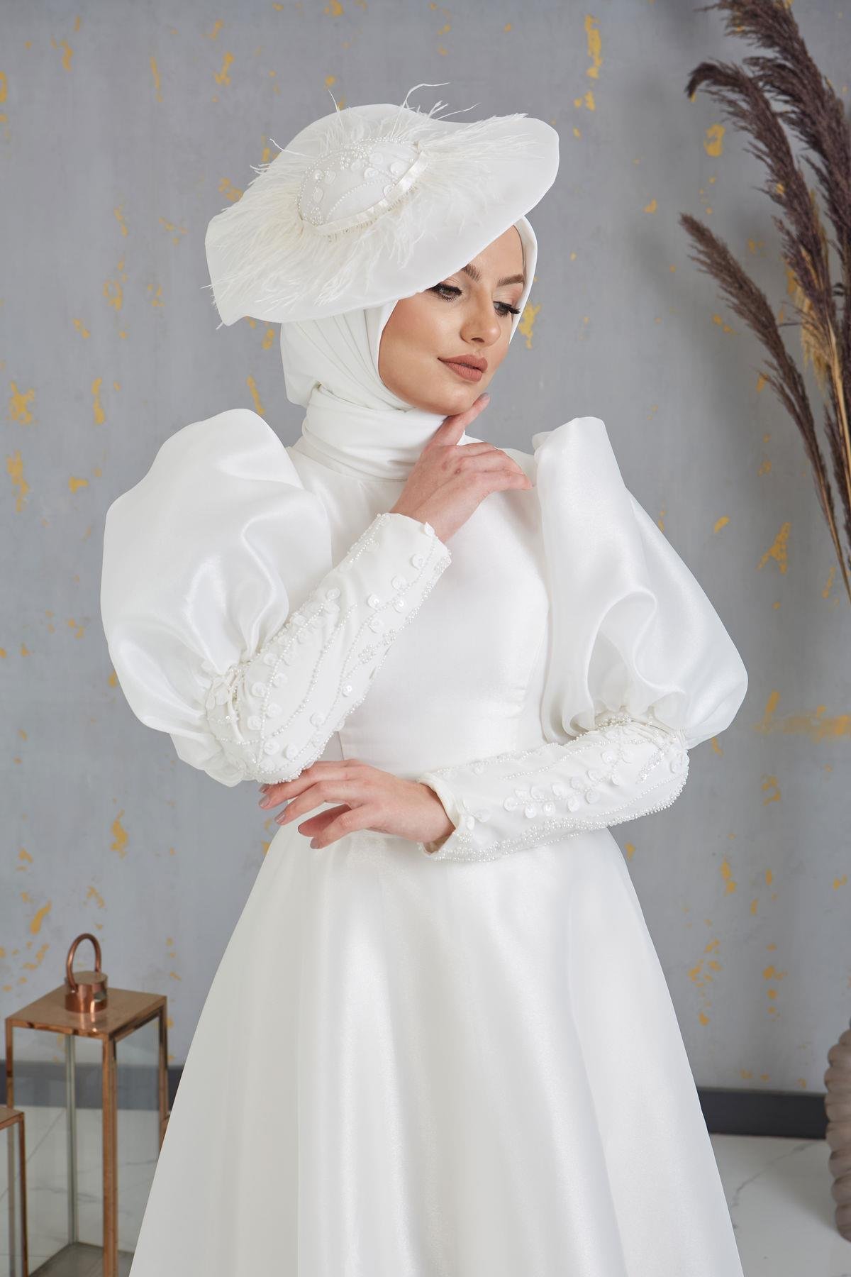 Nesrin Balon Kollu Nikah Elbisesi - Beyaz