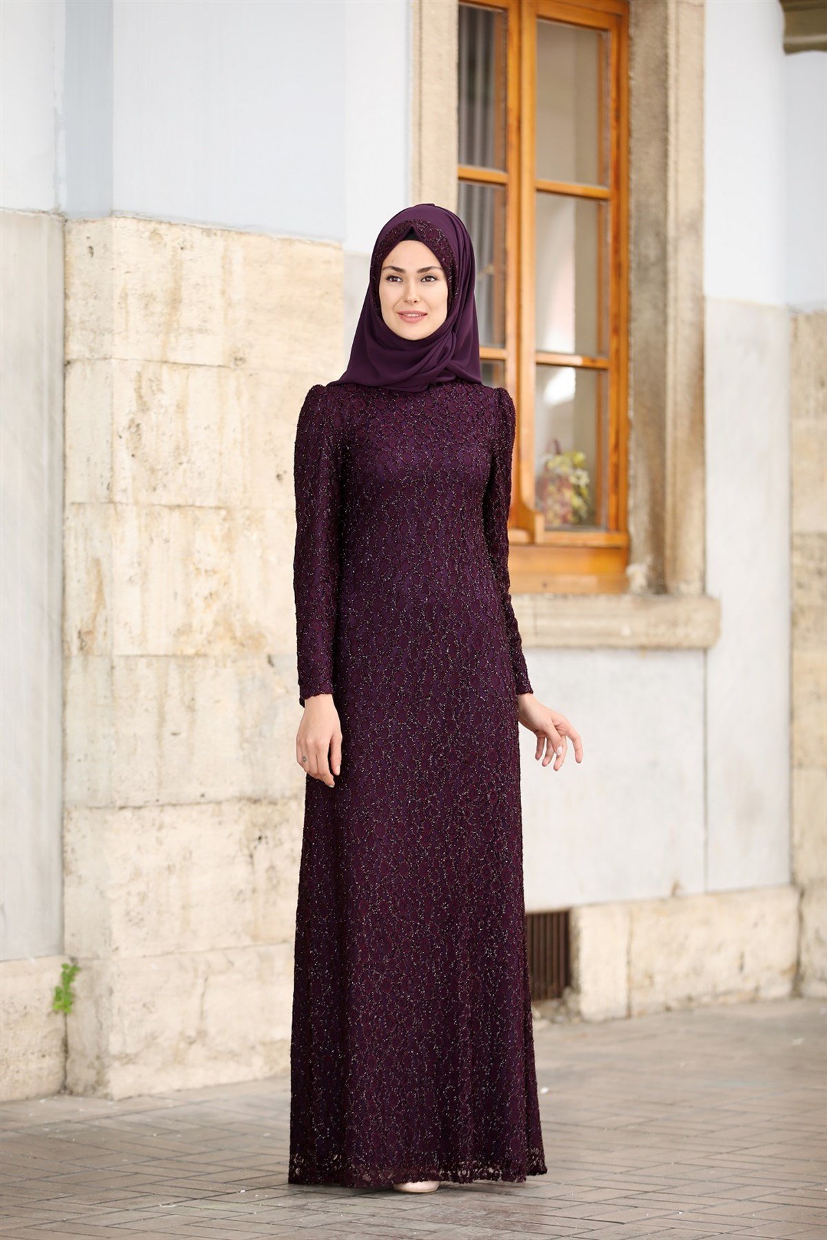 Piennar Dantel Elbise Mürdüm