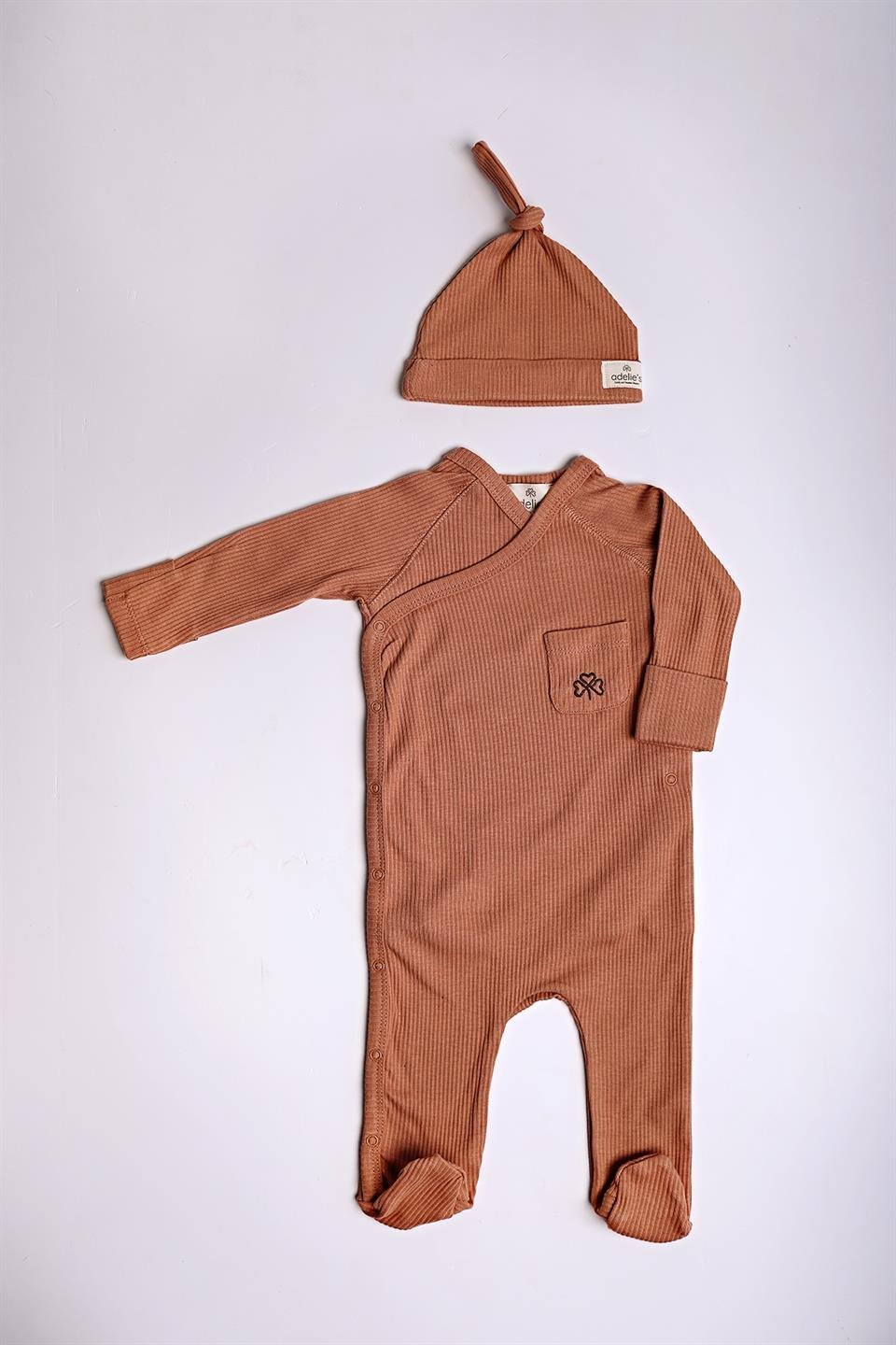 Adelie's Organik Pamuklu Fitilli Patikli Tulum Bere Set Kiremit