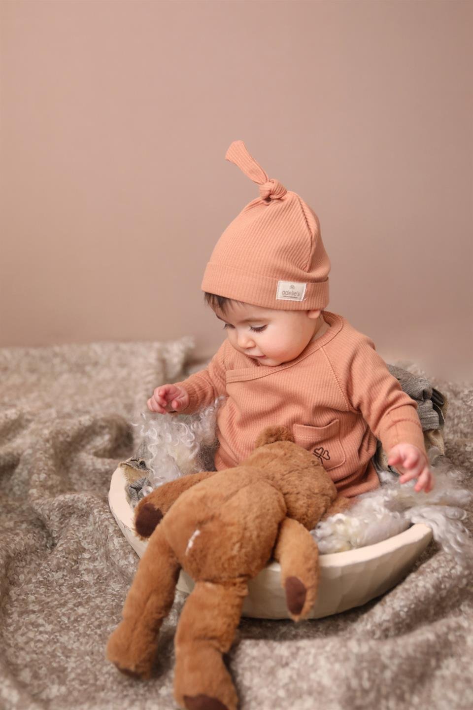 Adelie's Organik Pamuklu Fitilli Patikli Tulum Bere Set Kiremit