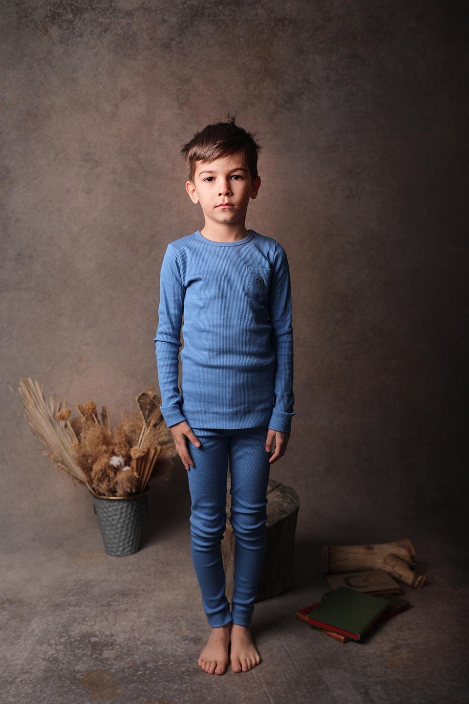 Adelie's Organik Pamuklu Fitilli Uzun Kollu T-Shirt Pantolon Takım Mavi
