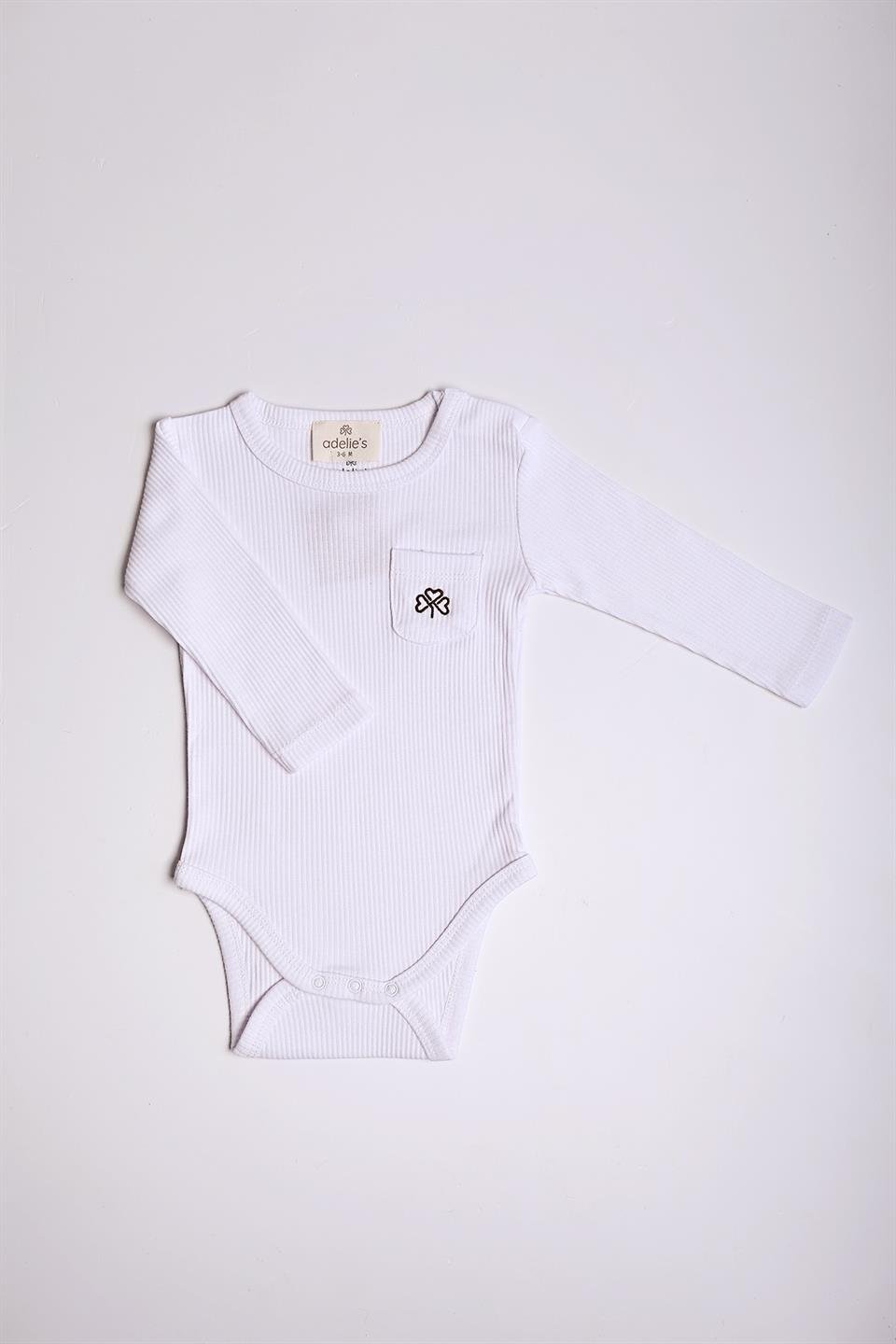 Adelie's Organik Pamuklu Fitilli Uzun Kollu Body Beyaz