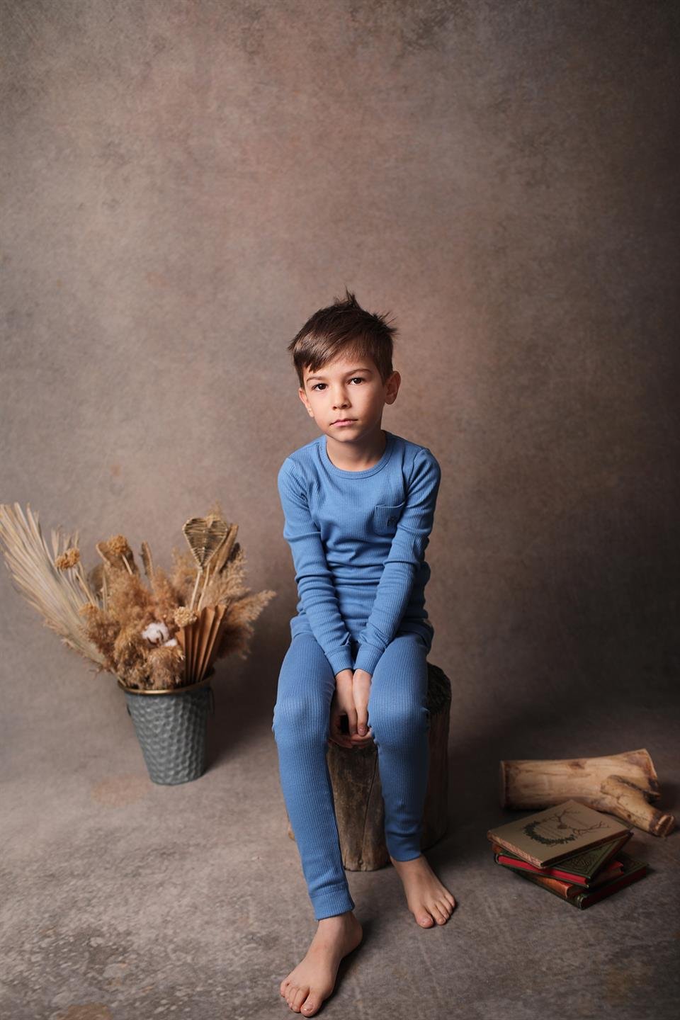 Adelie's Organik Pamuklu Fitilli Uzun Kollu T-Shirt Pantolon Takım Mavi