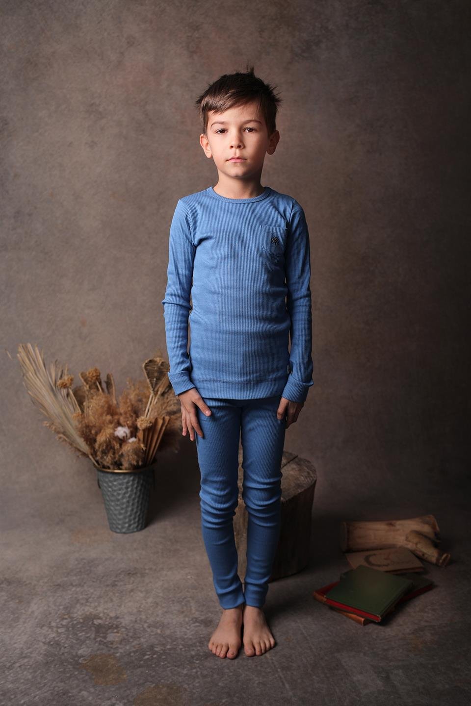 Adelie's Organik Pamuklu Fitilli Uzun Kollu T-Shirt Pantolon Takım Mavi