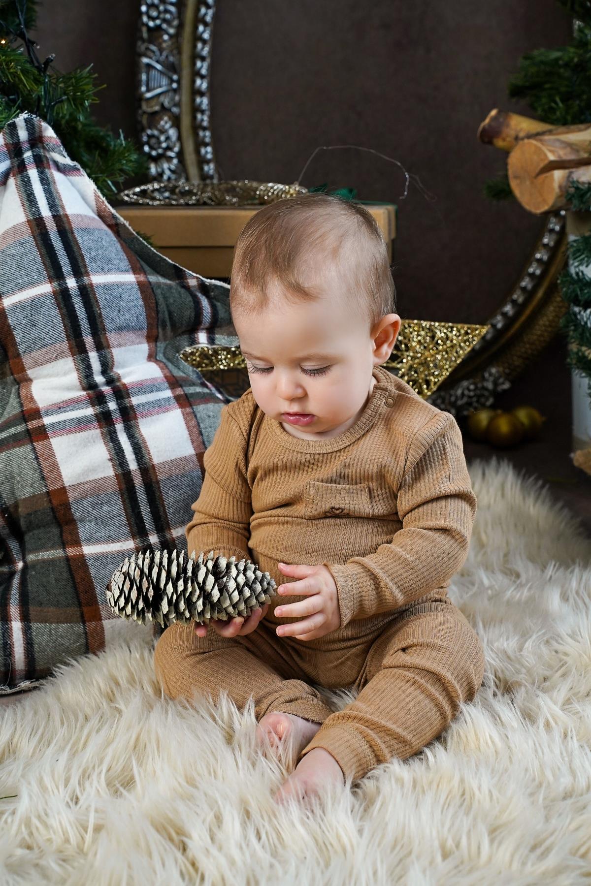 Adelie's Organik Pamuklu Fitilli Uzun Kollu Body Pantolon Kahve