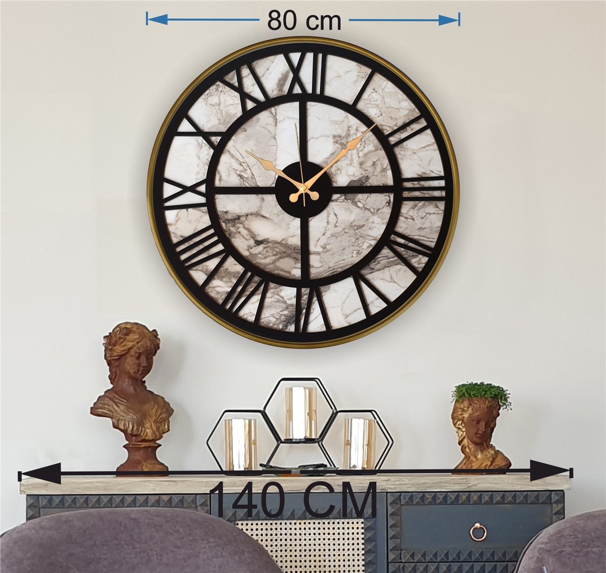 Markakanvas Altın(Gold) Renk Metal Kasalı Mermer Desenli Duvar Saati Çap 50 - 80 cm