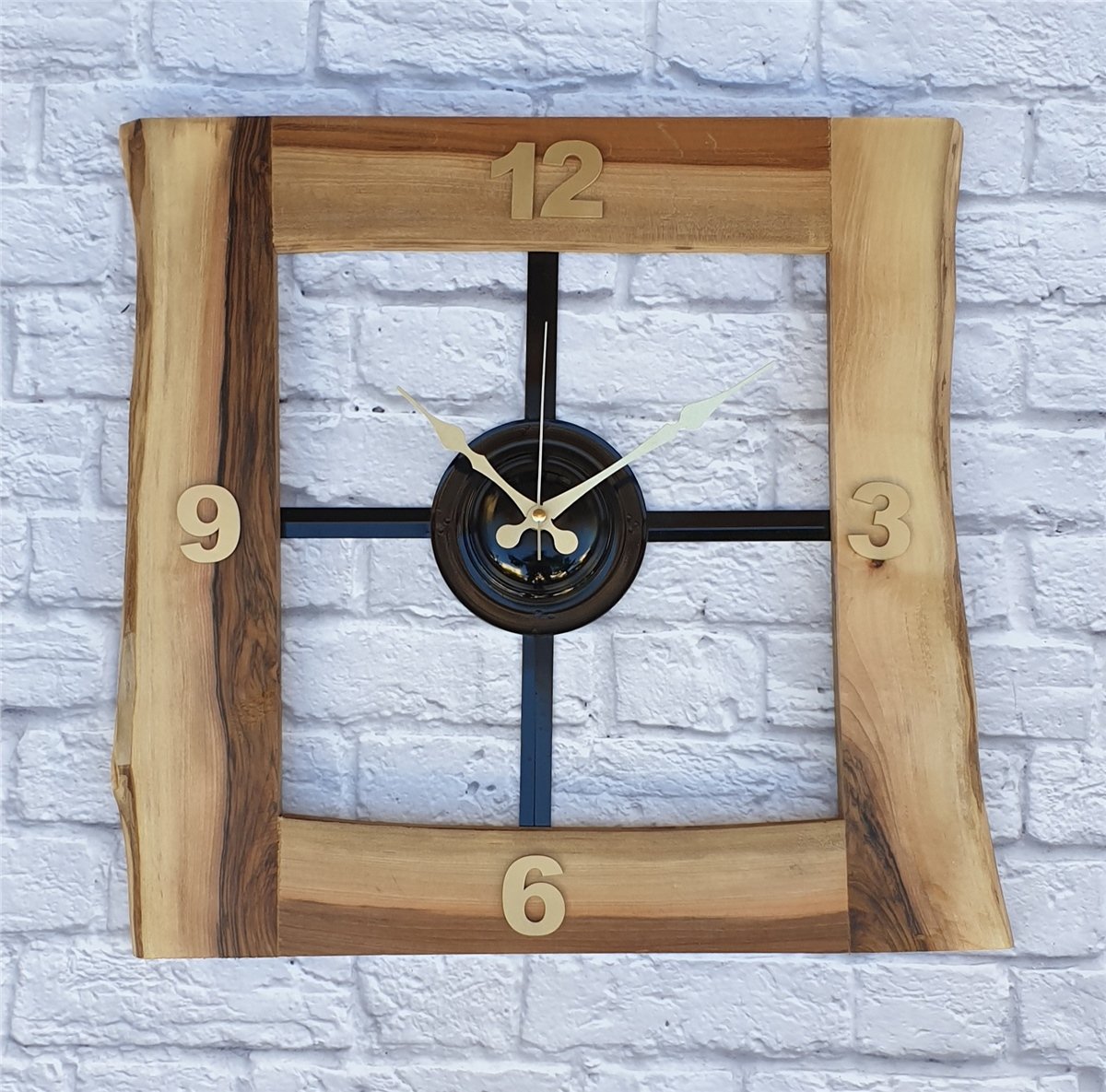 Markakanvas Doğal Ceviz Masif Ahşap,Metal Kare Duvar Saati 50x50cm