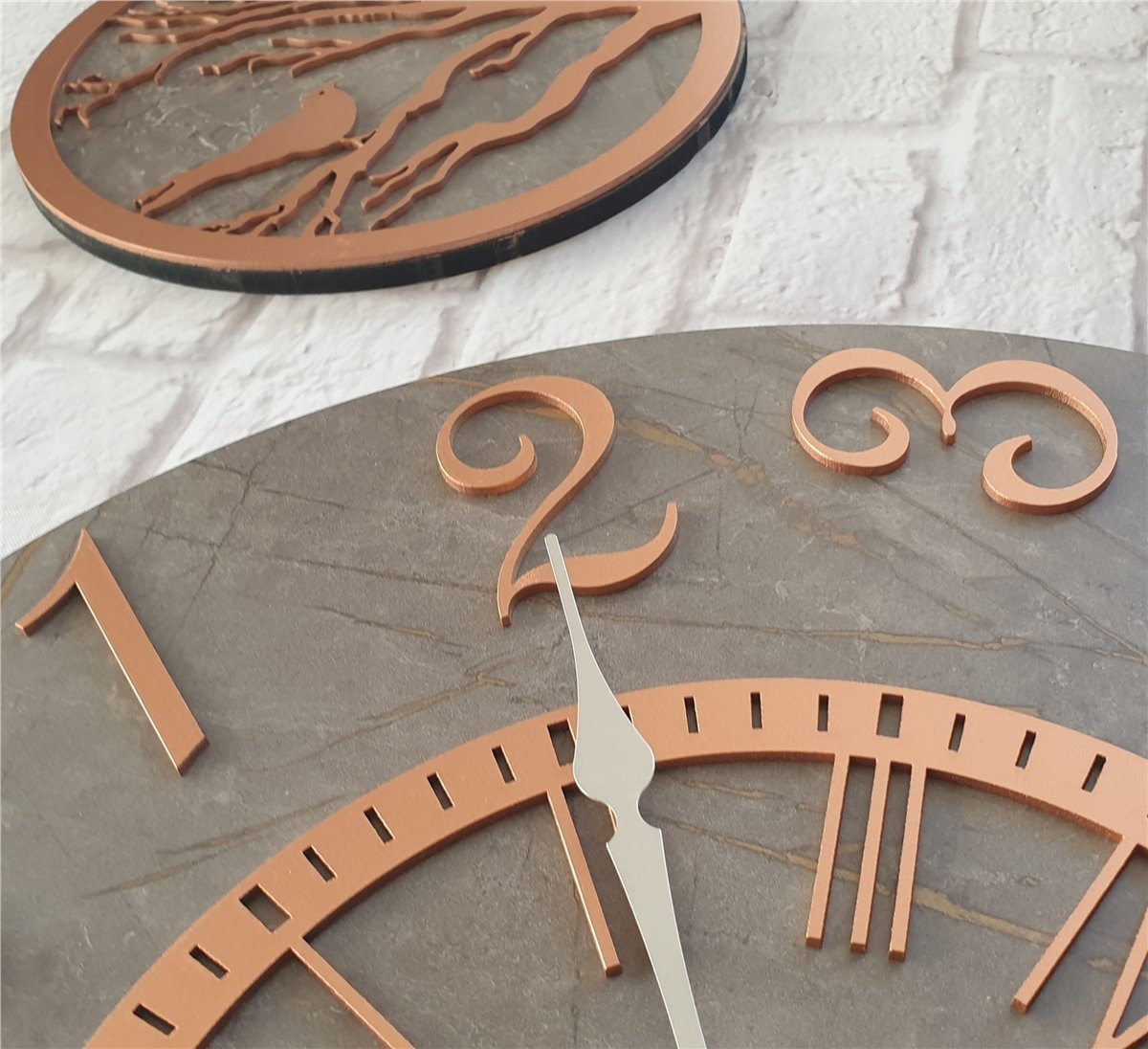 Markakanvas Mermer Desenli Duvar Saati ile Daldaki Kuş ve Hayat Ağacı Tablo