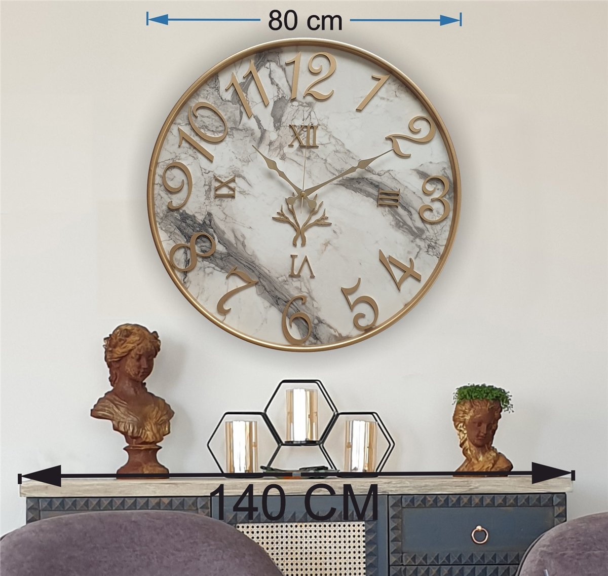 Markakanvas Metal Kasalı Mermer Desenli  Duvar Saati Çap 40 cm - Çap 50 cm - Çap 80 cm