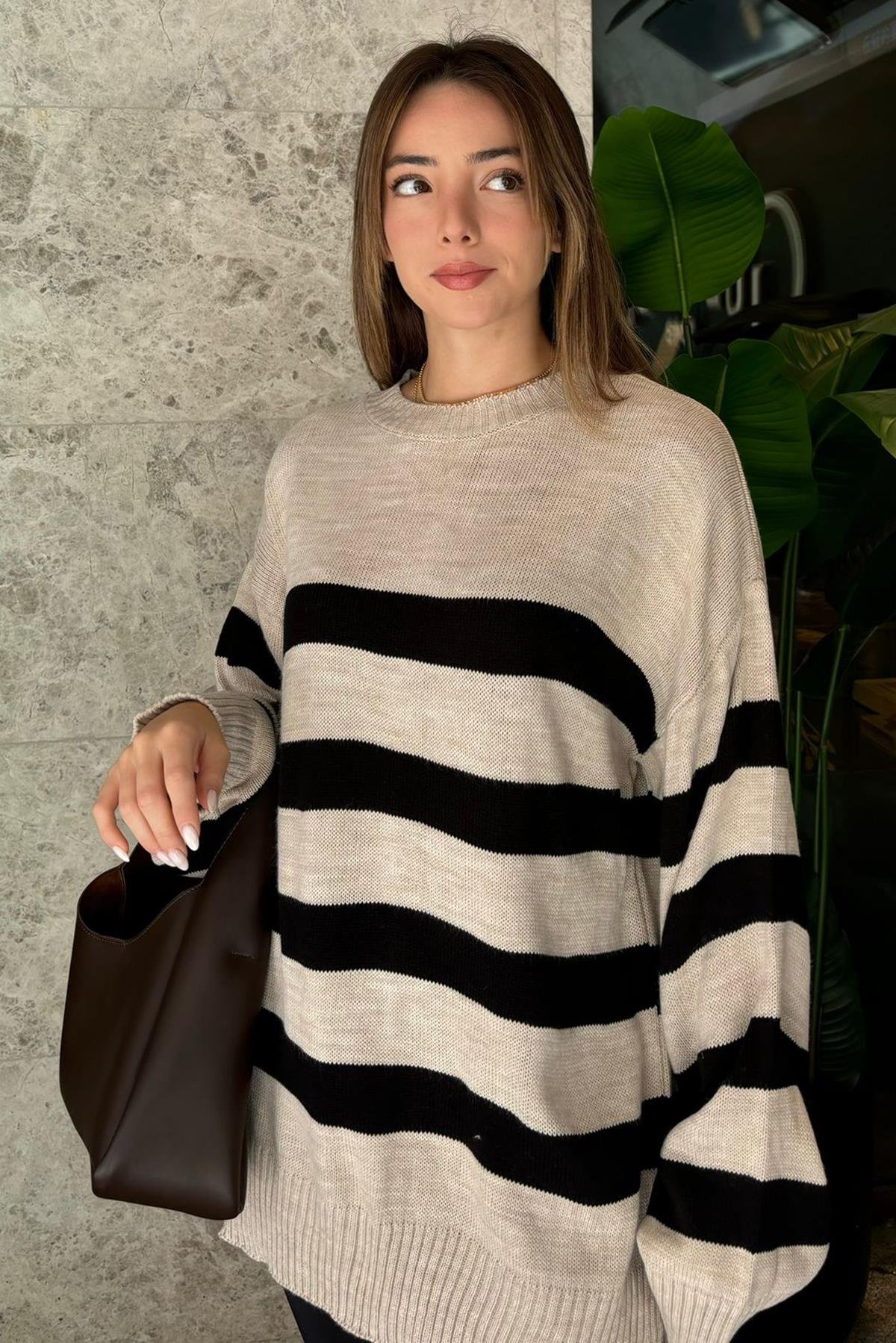 Bej Çizgili Oversize Marin Kazak SH101
