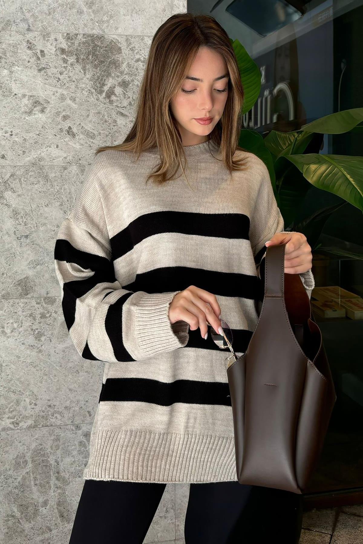 Bej Çizgili Oversize Marin Kazak SH101
