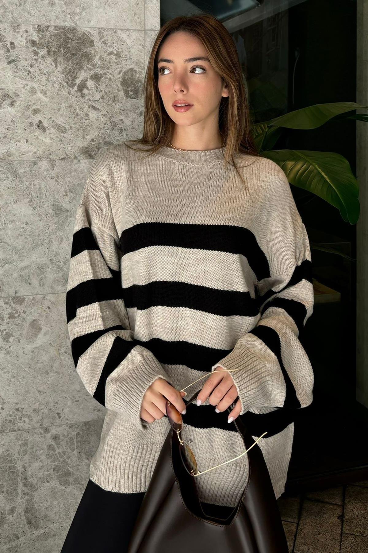 Bej Çizgili Oversize Marin Kazak SH101