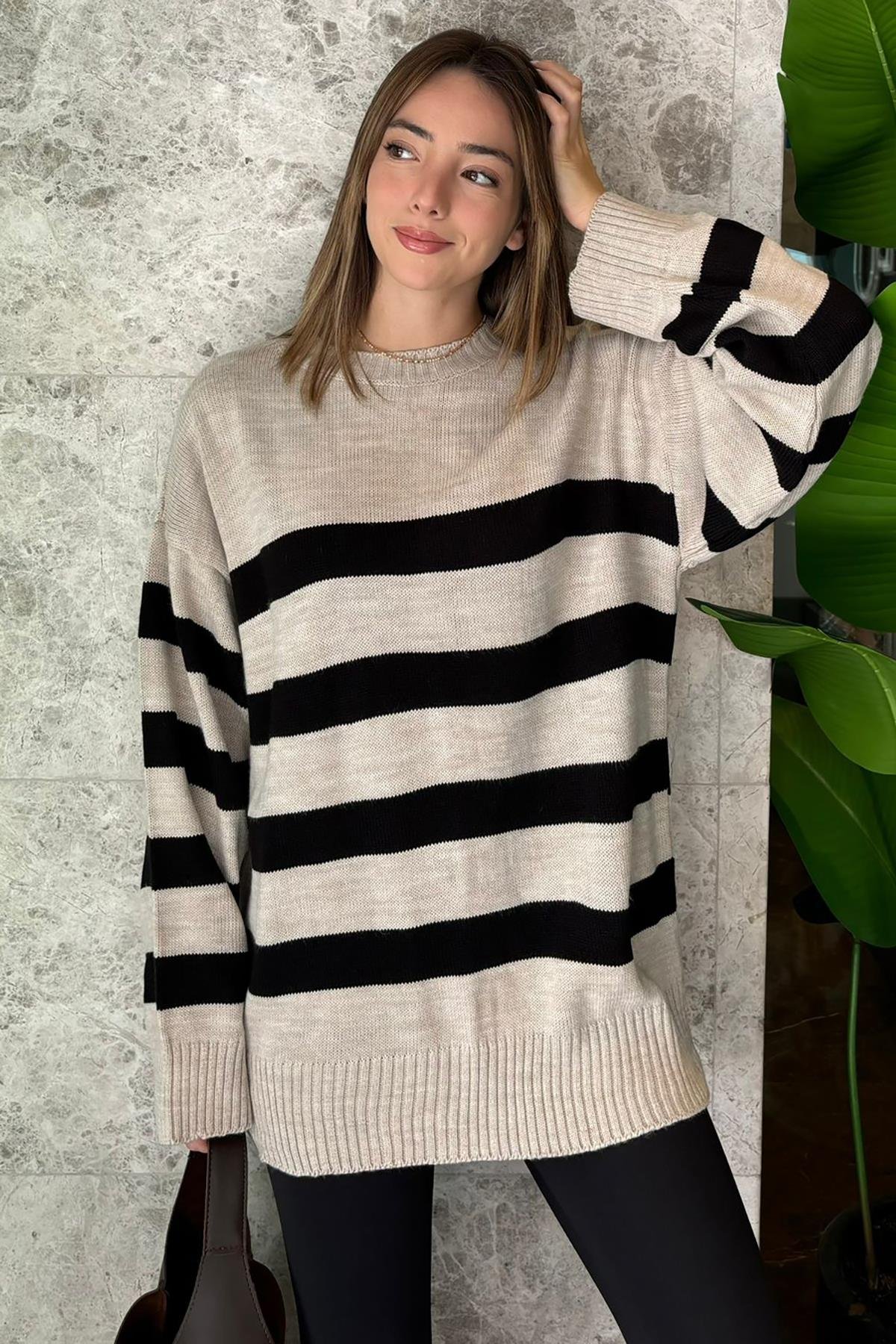 Bej Çizgili Oversize Marin Kazak SH101