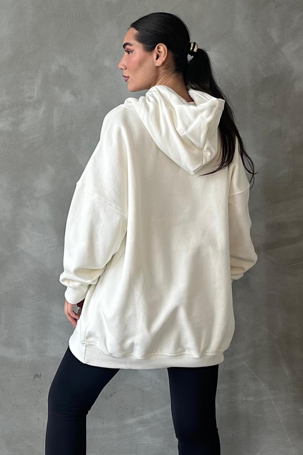Ekru Oversize Kapüşonlu Kadın Sweatshirt SH129