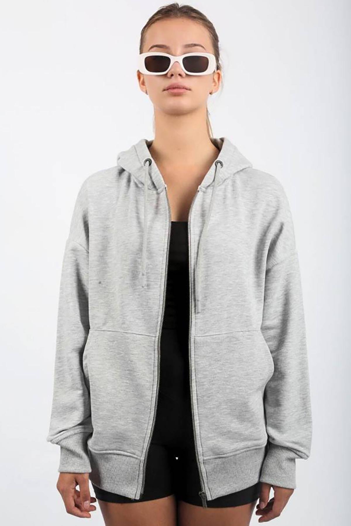 Gri Fermuarlı Kapüşonlu Sweatshirt SH113