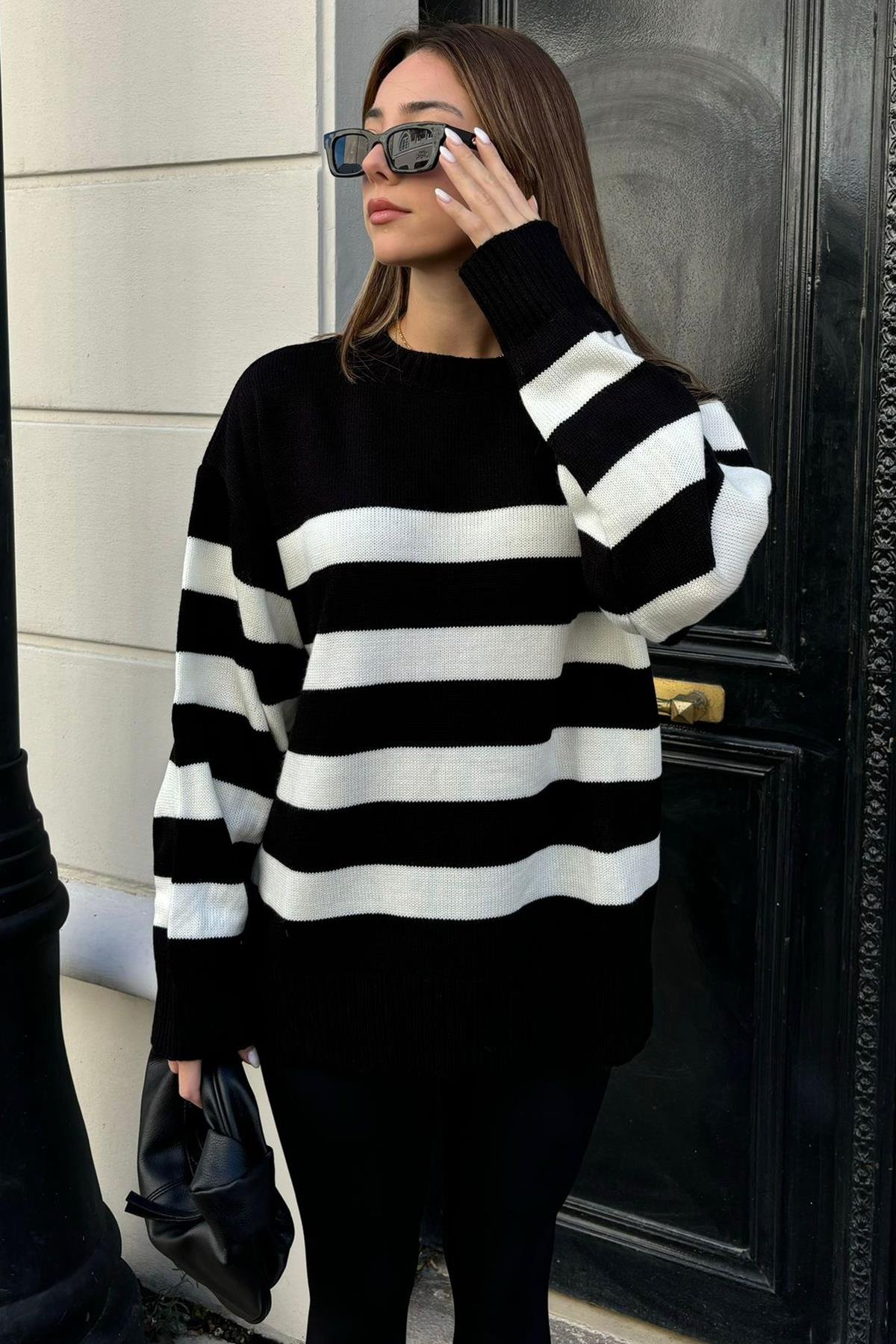 Siyah Çizgili Oversize Marin Kazak SH101